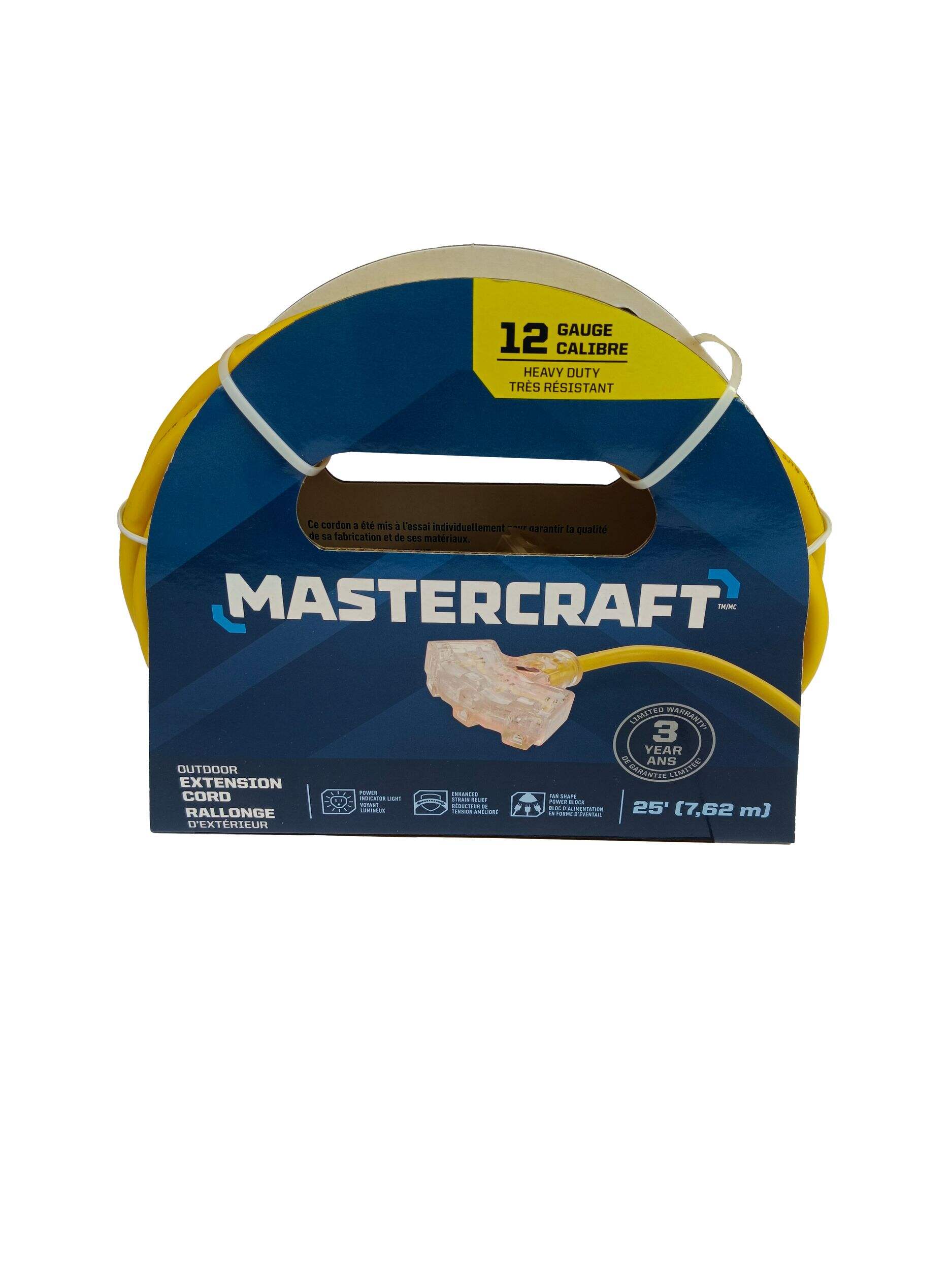 Rallonge d'extérieur Mastercraft, calibre 12, 30 pi, prise avec mise à la terre, extrémité illuminée et connecteur verrouillable, jaune Front_Flat