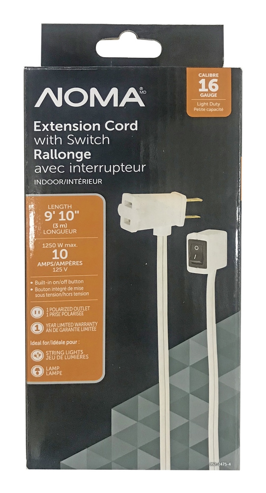 NOMA 9ft 10in 16/2 Indoor Extension Cord, ON/OFF Switch, 1 Outlet