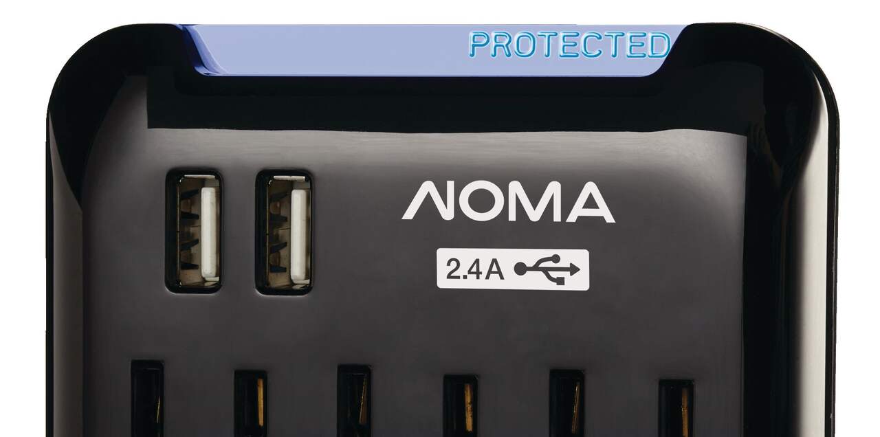 Bloc mural NOMA à 3 prises avec limiteur de surtension, 300 joules, 4 ports  USB, blanc