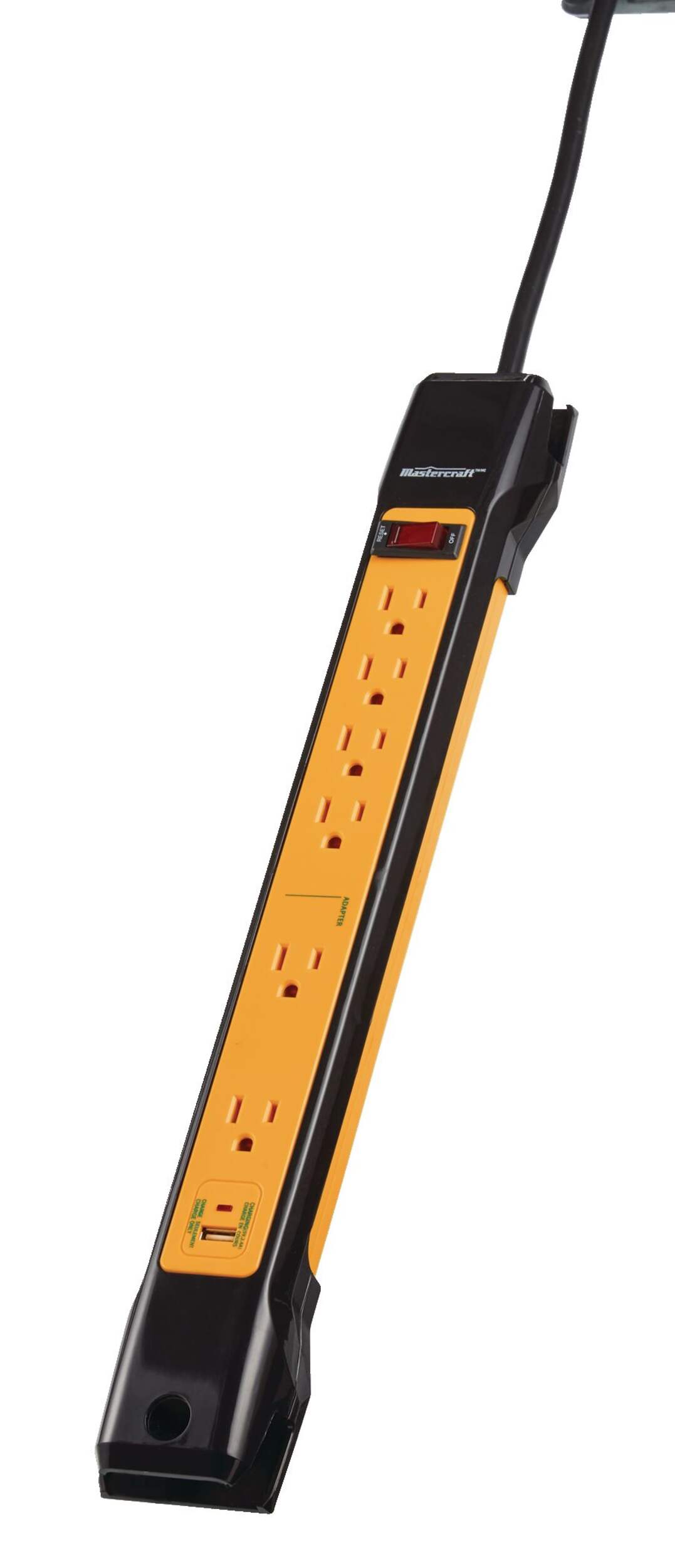 Mastercraft 6-Outlet and 1 USB Port Power Bar with 6-ft Cord, Yellow/Black Front_Angled_Left