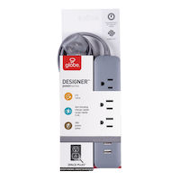 Globe Designer 3-Outlet and 2 USB Port Power Bar Surge Protector, 6-ft  Cord, 300 Joules, Right Angle Plug, Grey Front_Flat