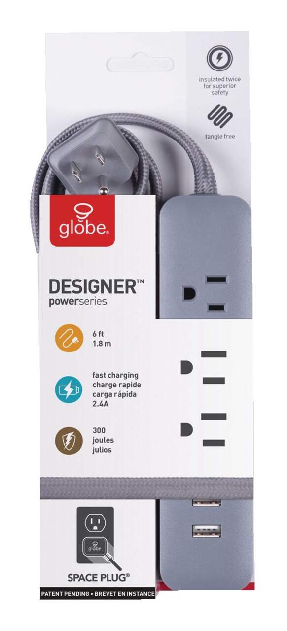 Globe 3-Outlet and 2 USB Port Power Bar Surge Protector, 6-ft Cord, 300  Joules, Right Angle Plug,Grey