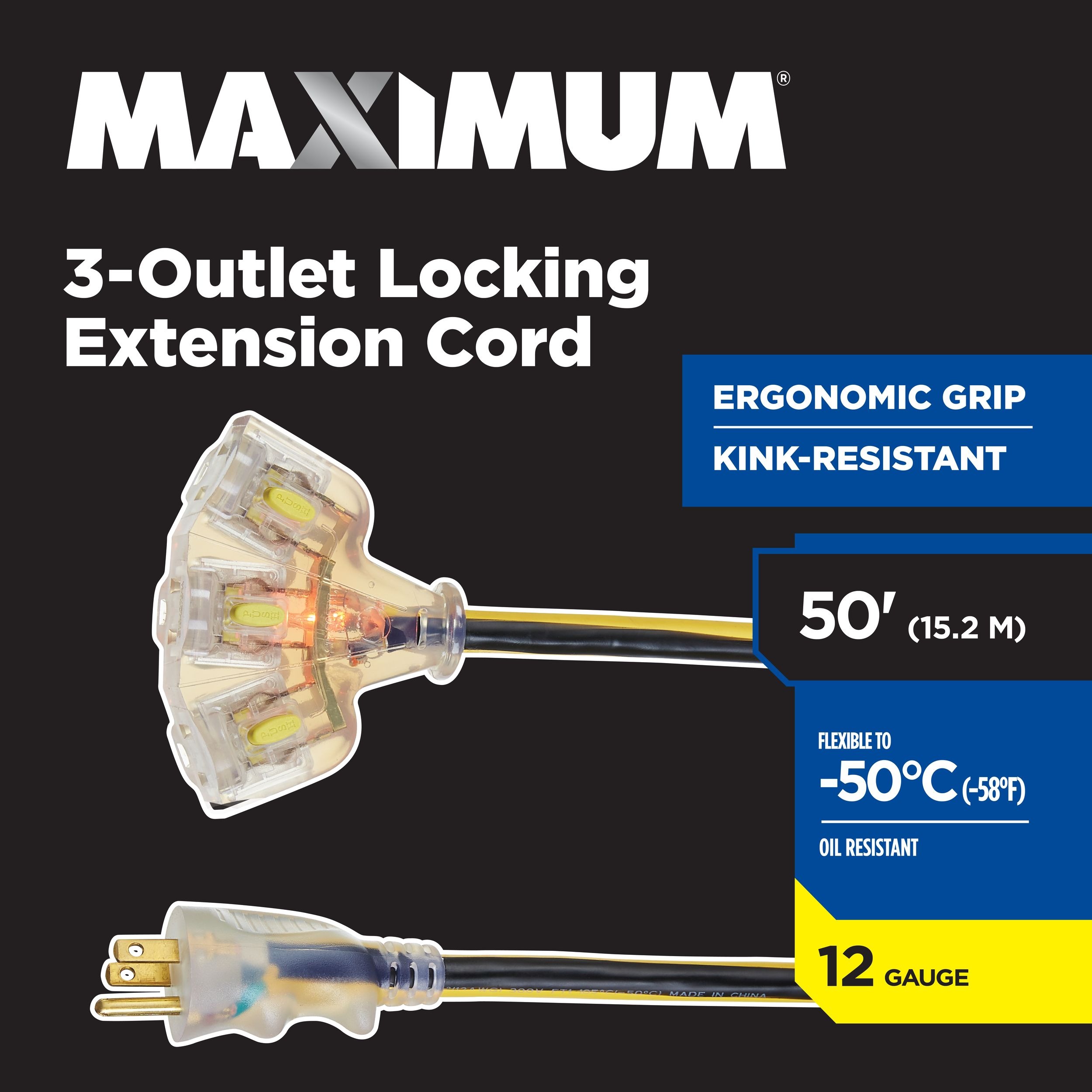 MAXIMUM 3-Outlet Locking Extension Cord, 50-ft, Yellow/Black