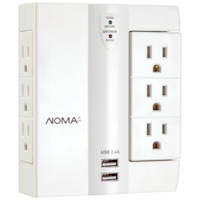 NOMA 6-Outlet Extender Wall Tap with Surge Protector, 1000 Joules, 2 USB Ports, Swivel Side, White Front_Angled_Right