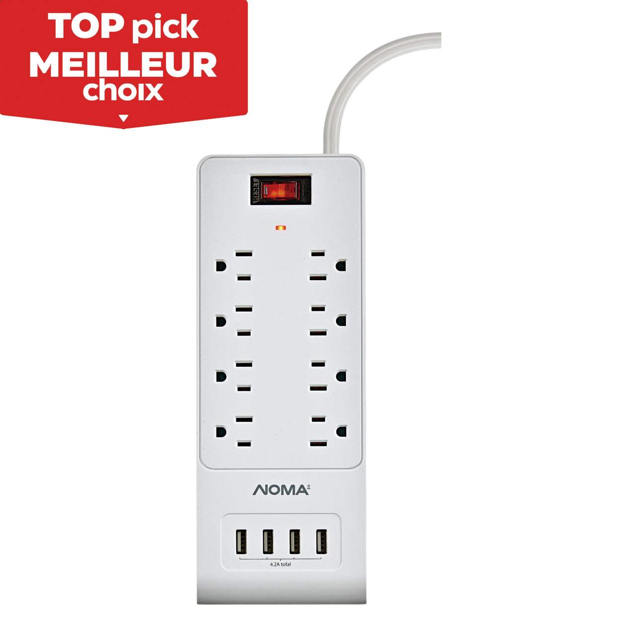 NOMA 8-Outlet and 4 USB Port Power Bar with Surge Protector, 3-ft Cord,  1200 Joules, White