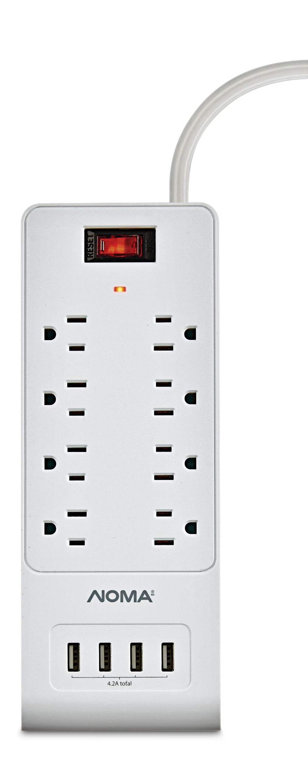 NOMA 8Outlet and 4 USB Port Power Bar with Surge Protector, 3ft Cord, 1200 Joules, White
