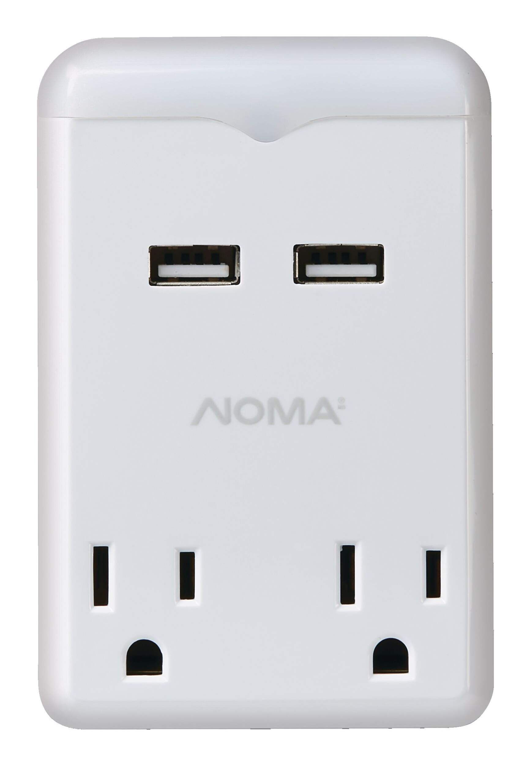 NOMA 2-Outlet Extender Wall Tap with  2 USB Ports and Night Light, White Front_Flat