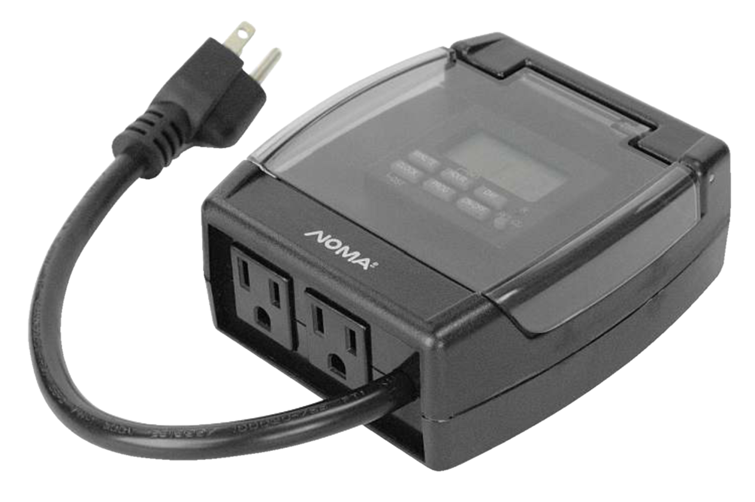NOMA Outdoor Digital Timer, 20 Programmable Settings, 2 Grounded Outlets, Black Overhead_Plunge