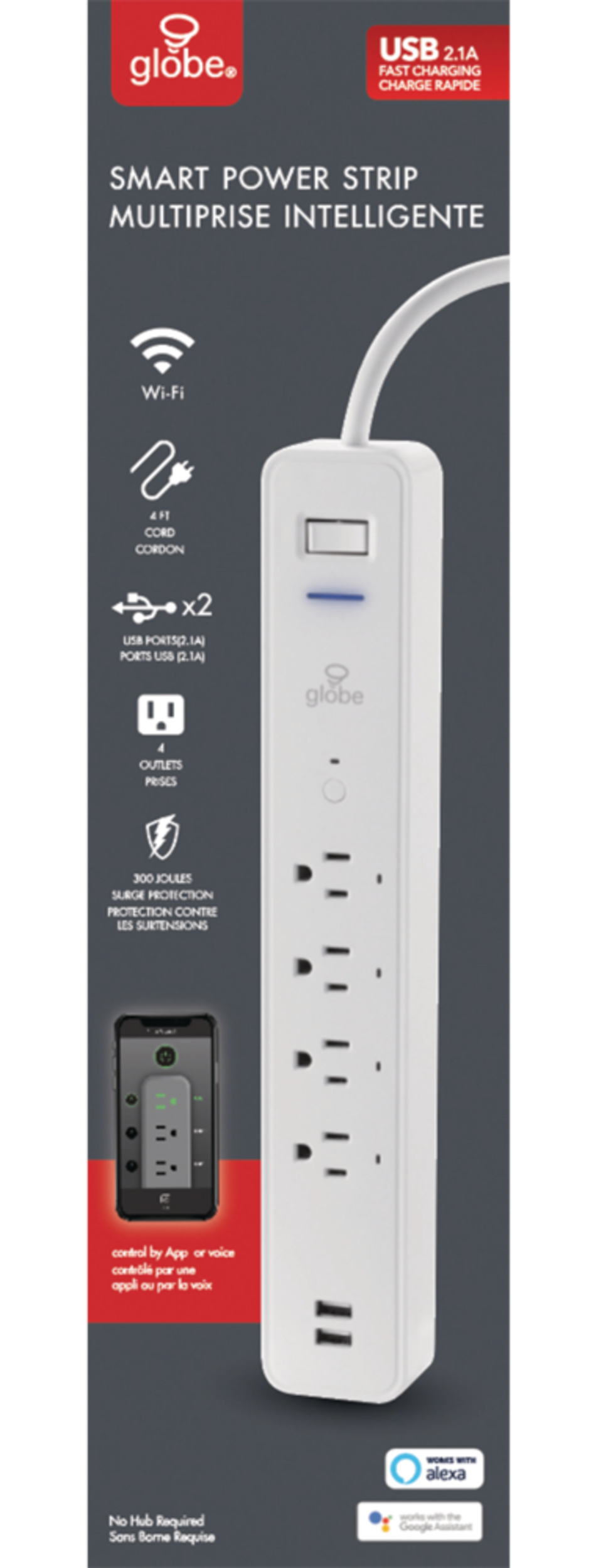Globe 4-Outlet and 2 USB Port Smart Wifi Power Bar with Surge Protector, Compatible with Alexa and Google Assistant, White Front_Flat