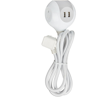 Barre d’alimentation Globe à 3 prises et 2 ports USB, cordon recouvert de tissu de 5 pi et prise à angle droit, blanc/gris