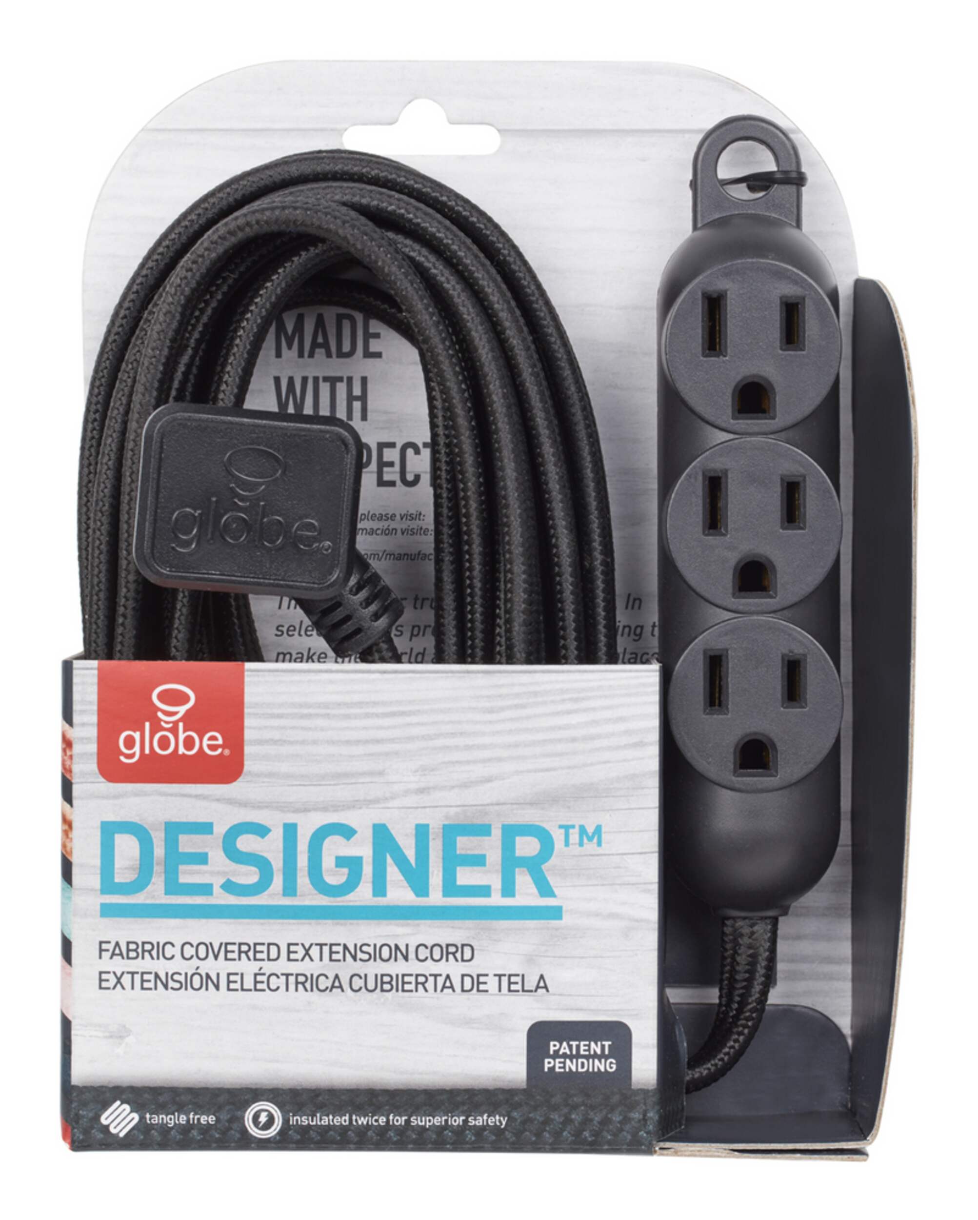 Globe 12ft 16/3 Fabric Extension Cord, Right Angle Plug, 3 Outlets