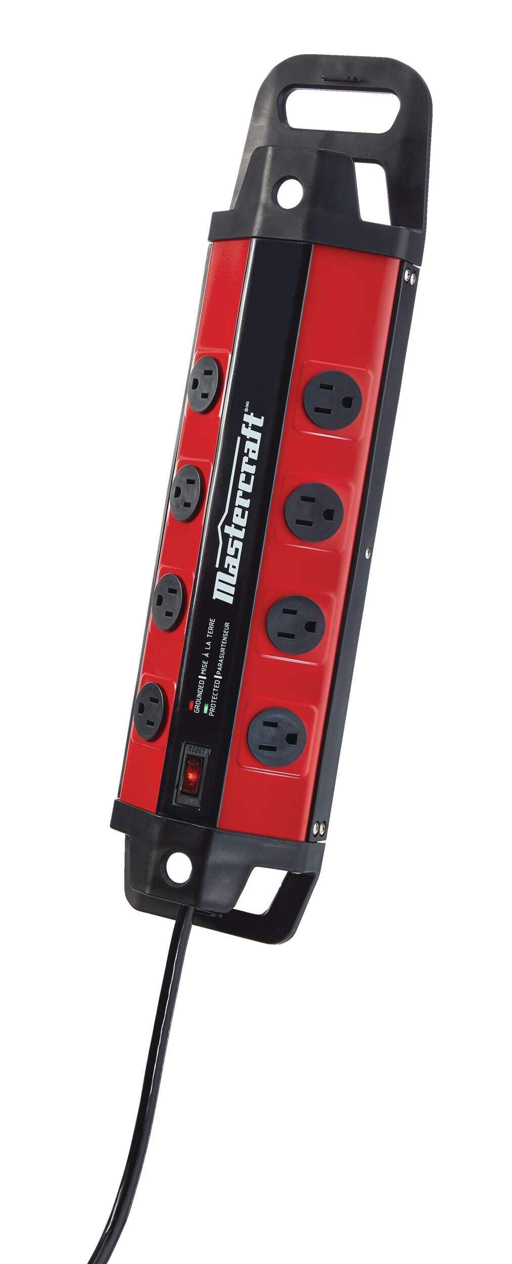 Mastercraft 8-Outlet Power Bar with Surge Protector, 4-ft Cord, 500 Joules, Lighted Switch, Red/Black Overhead_Plunge