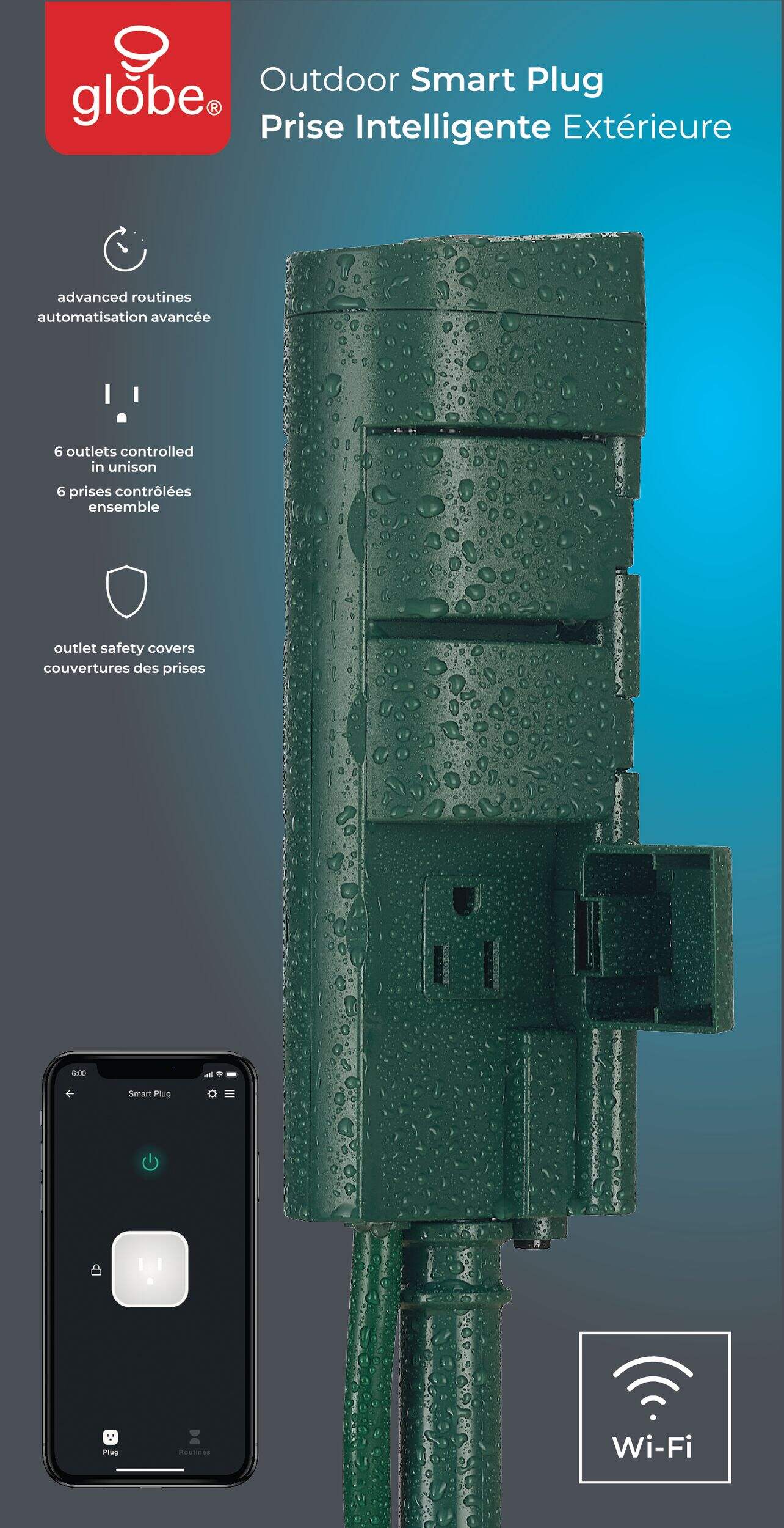 Globe 6-Outlet Outdoor wifi Power Stake with 5-ft Cord, Compatible with Alexa and Google Assistant, Green Front_Flat