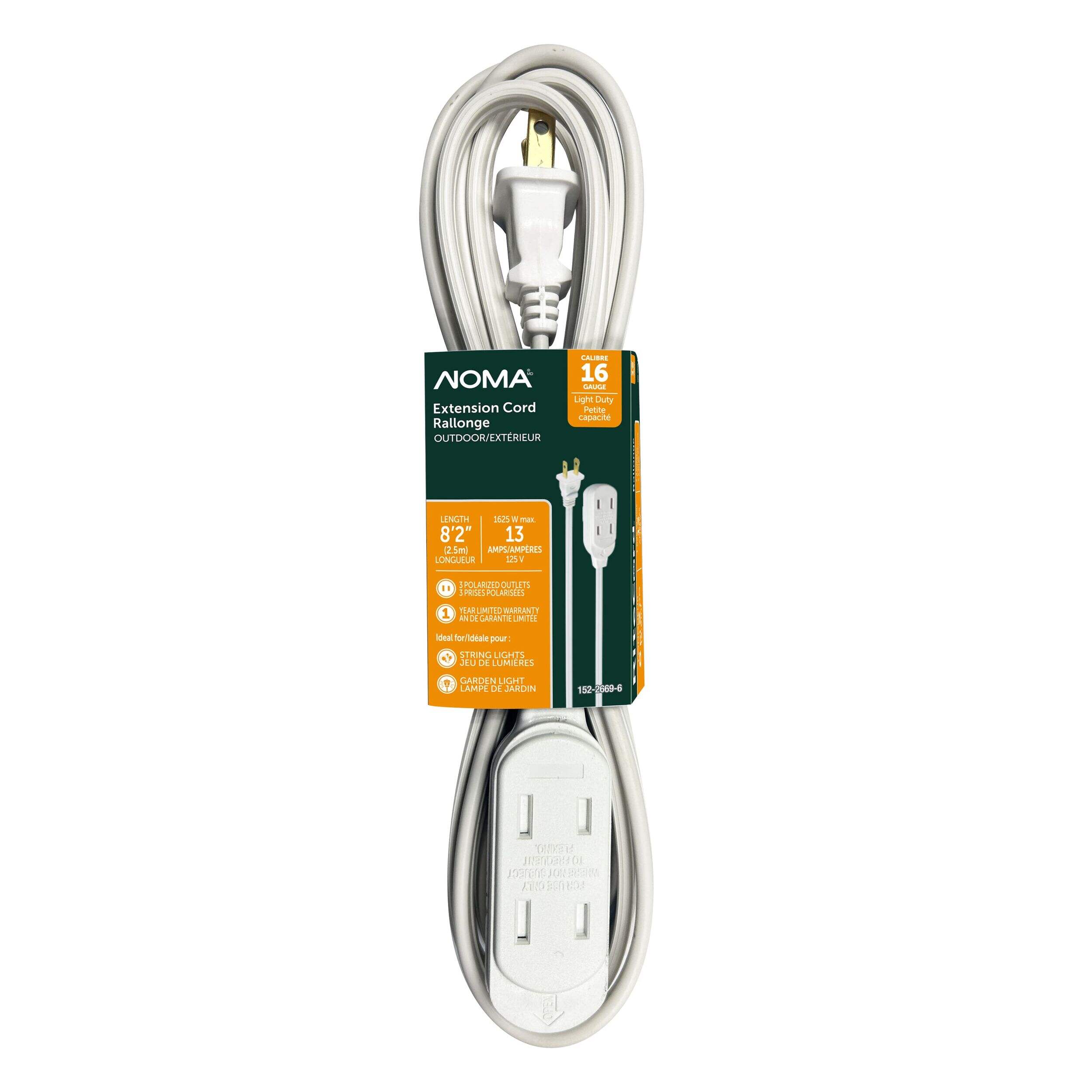 NOMA 2.5-m 13A 3-Outlet Light-Duty 16-Gauge White Outdoor Extension Cord Front_Flat