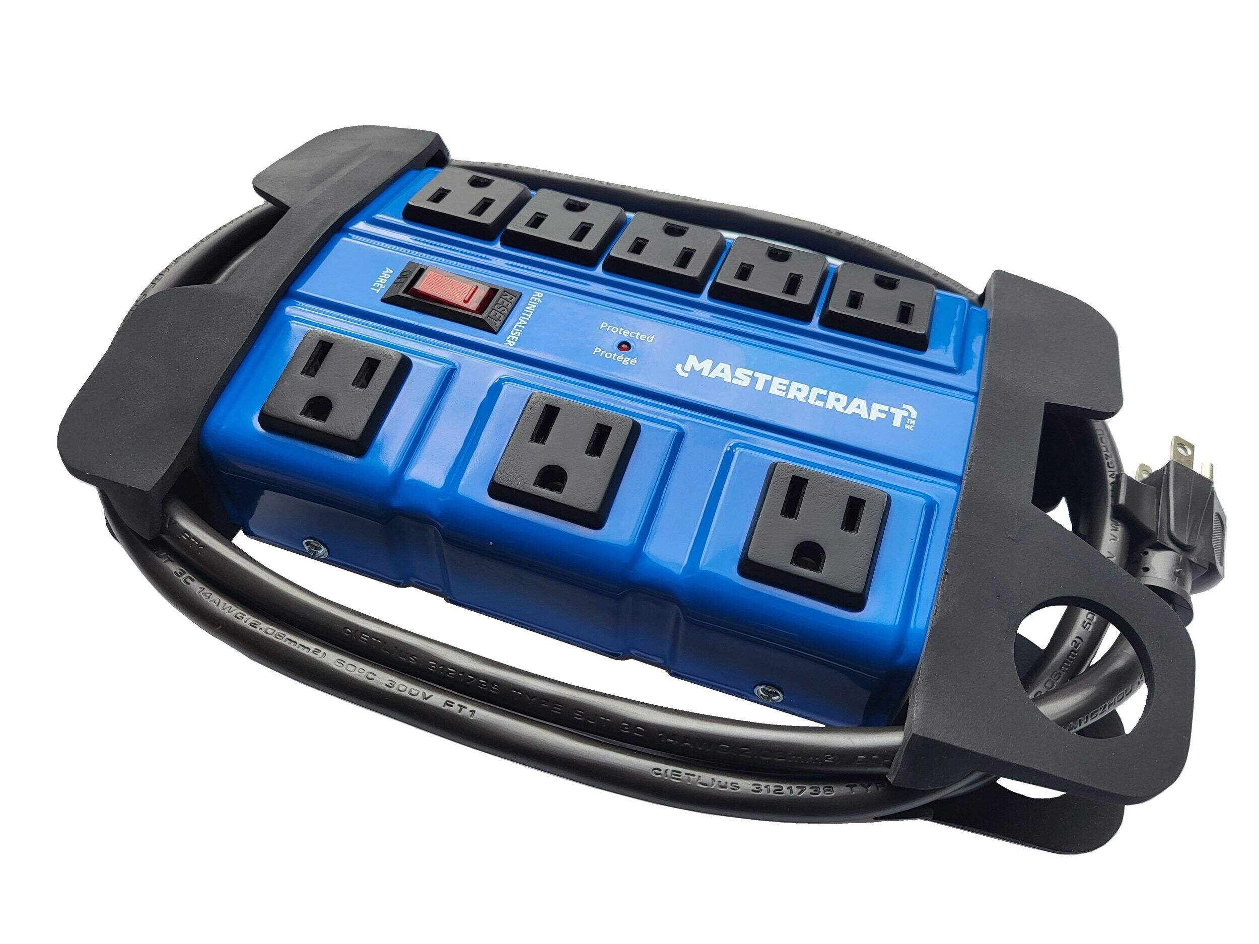 Barre d'alimentation en métal à 8 prises et 3 prises espacées avec aimants et protection contre les surtensions Mastercraft, cordon de 6 pi, 1080 joules, bleu Overhead_Plunge