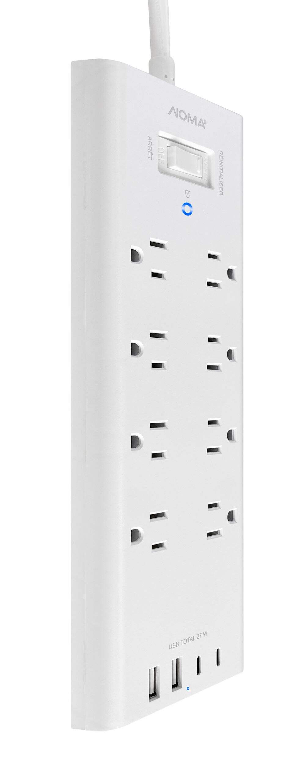 NOMA 8-Wide-Space/2-USB-A/2-USB-C White Surge Protected Power Bar with 6-ft Cord and Right Angle Flat Plug Front_Angled_Right