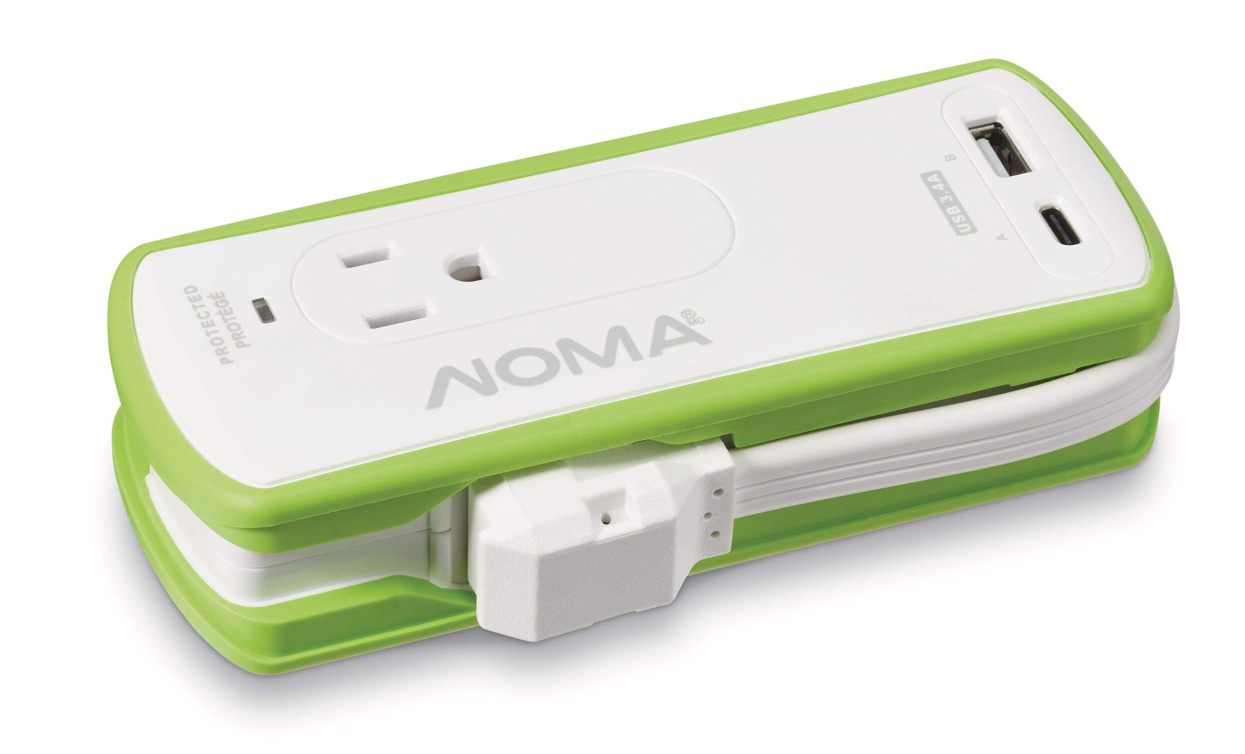 NOMA 2-Outlet USB-A/USB-C Portable Travel Outlet, 9-in Cord Front_Three_Fourths_Angled_Right