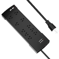 Barre d'alimentation à 10 prises avec limiteur de surtension et 2 ports de chargement USB NOMA, cordon de 4 pi, 4500 joules, noir
