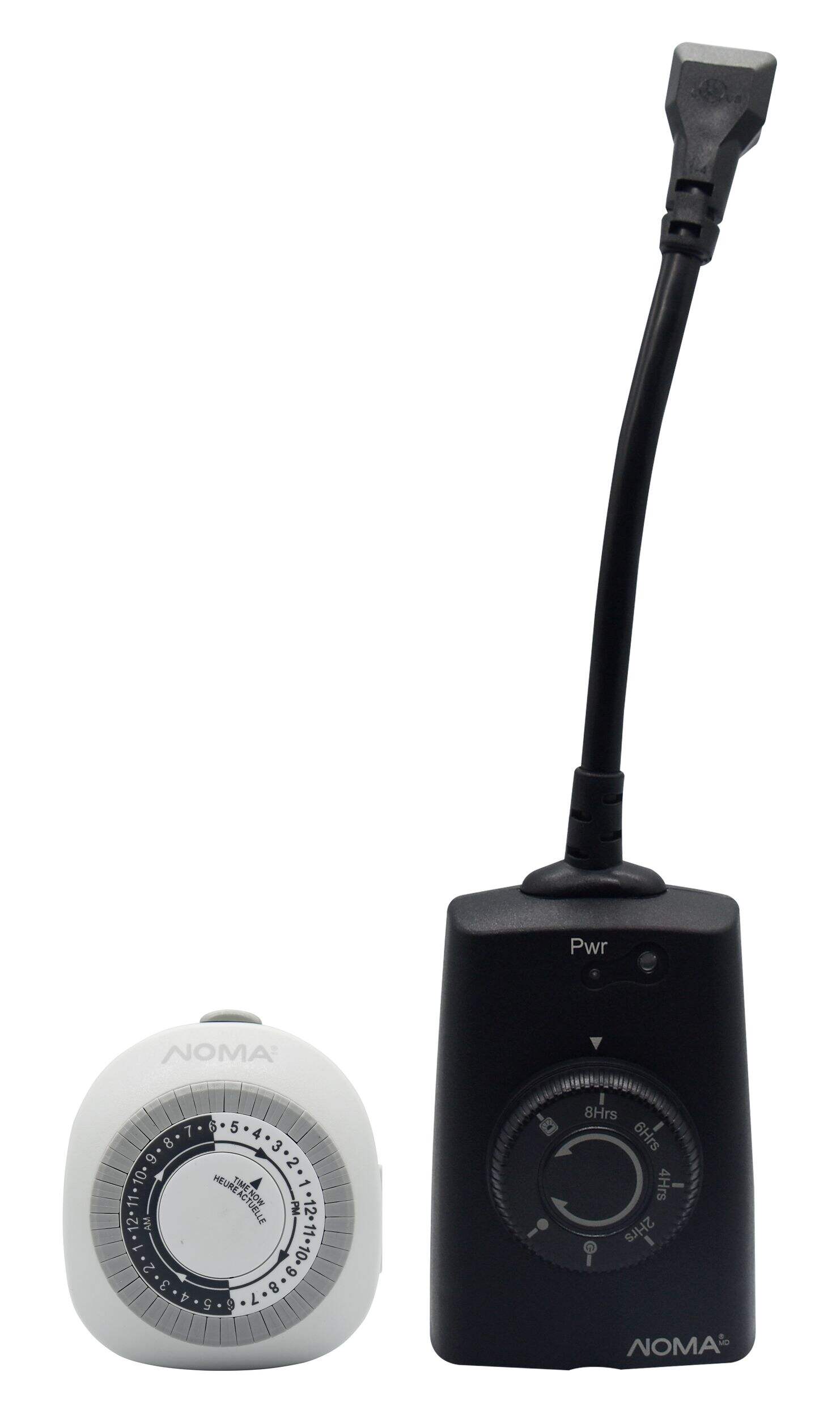 Minuterie mécanique pour l'intérieur et l'extérieur NOMA, paq. 2, 1 prise pour l'intérieur et 1 prise avec mise à la terre pour l'extérieur, blanc/noir Front_Flat