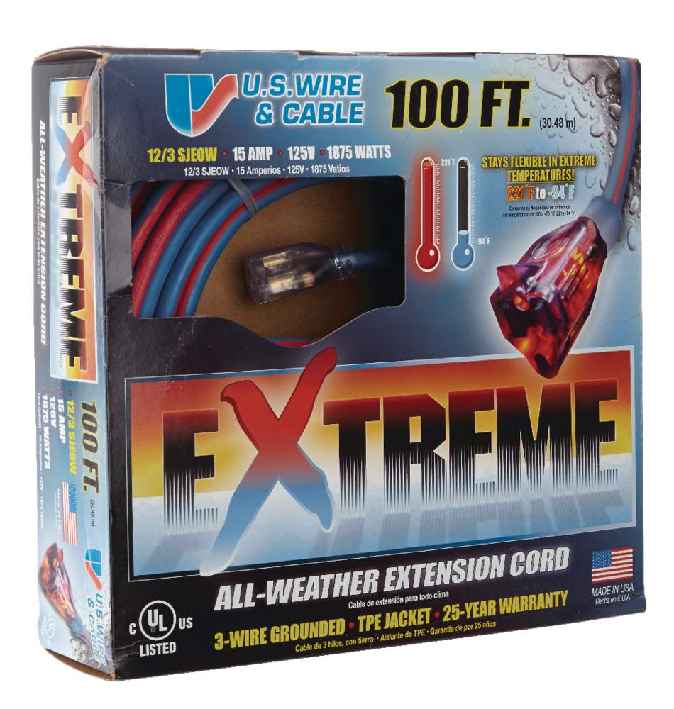 US Wire & Cable 12/3 Gauge Outdoor Extension Cord, 100-ft Extreme