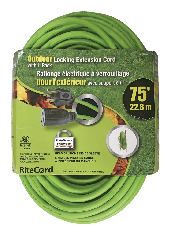 Ritecord 75-ft 16/3 Outdoor Extension Cord with Locking Connector and H  Rack Cord Wrap, Lime Green