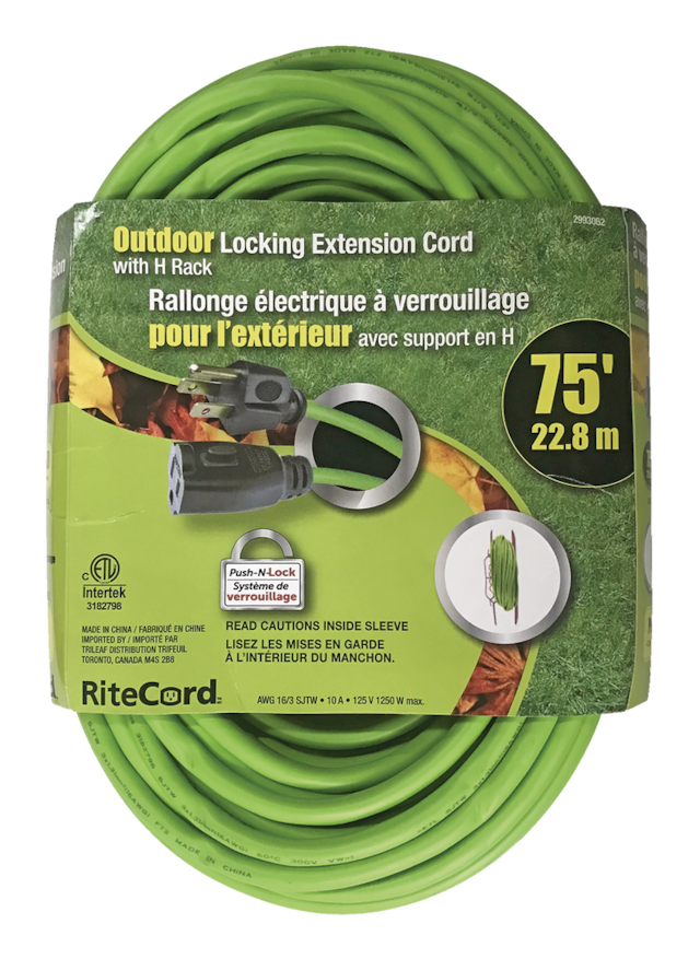 Ritecord 75ft 16/3 Outdoor Extension Cord with Locking Connector and