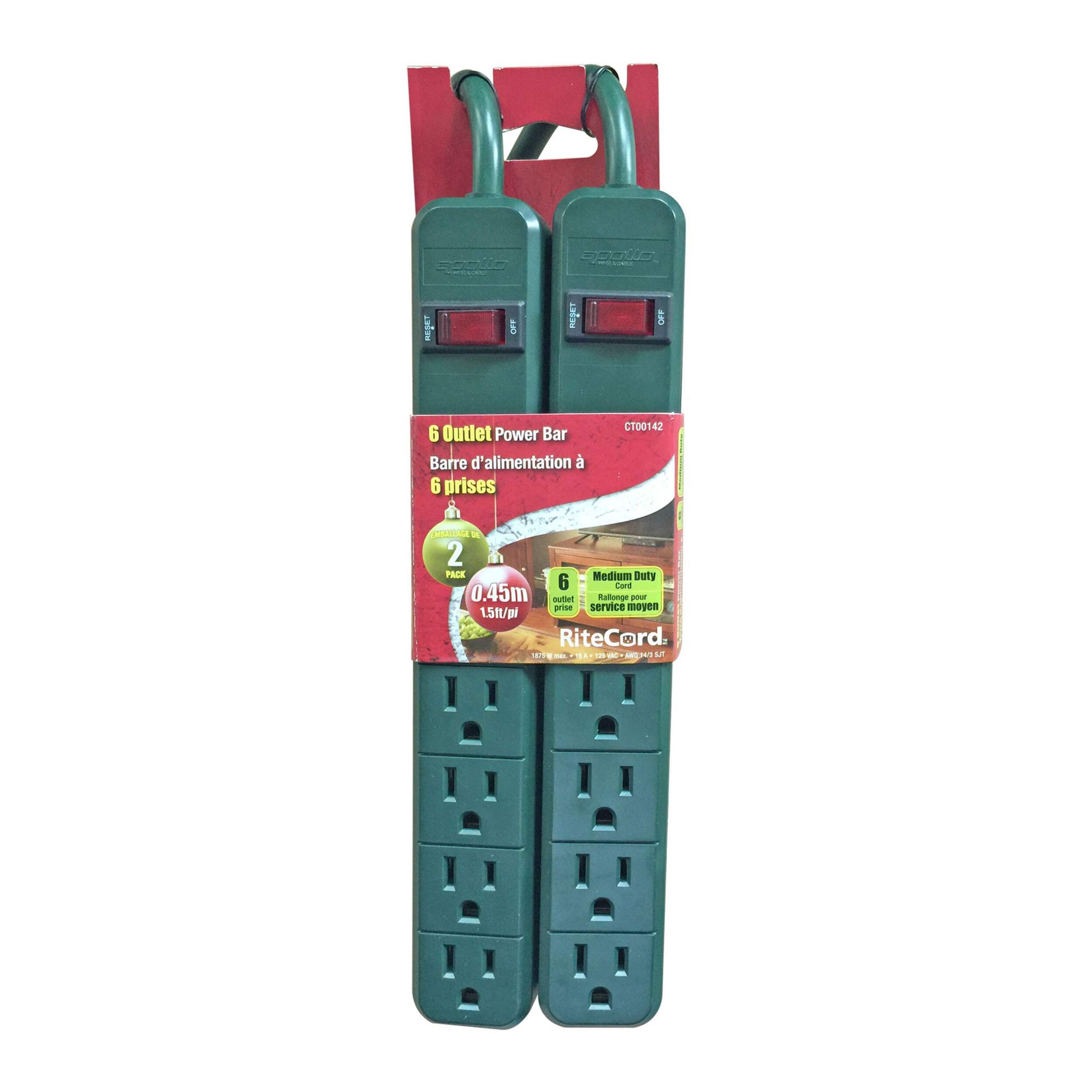 Ritecord 6-Outlet Power Bar, 2-pk, 1-ft 6-in cord, Green Front_Flat