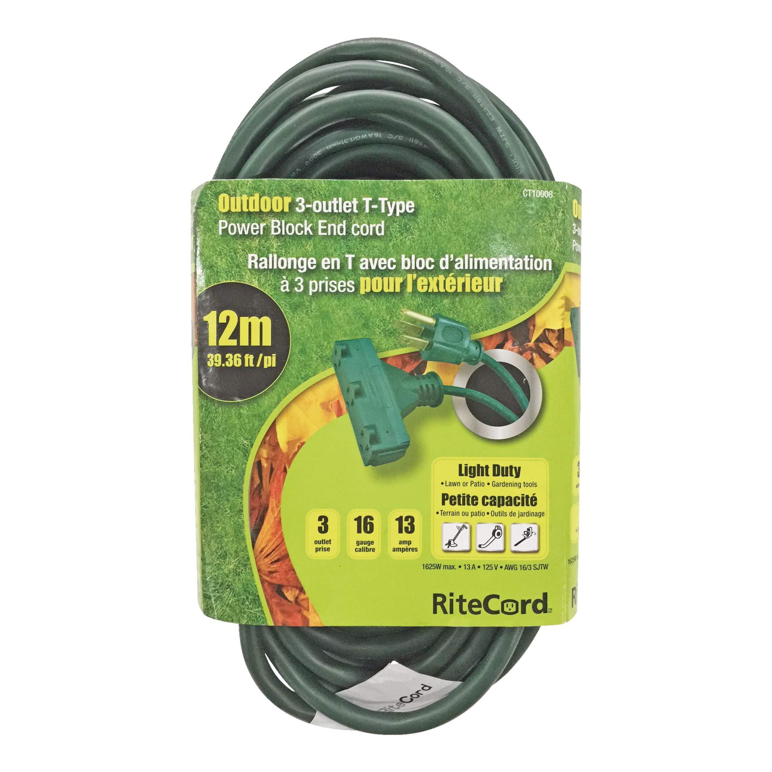 Ritecord 39-ft 16/3 Outdoor Extension Cord with 3 Grounded Outlets, Green Front_Flat