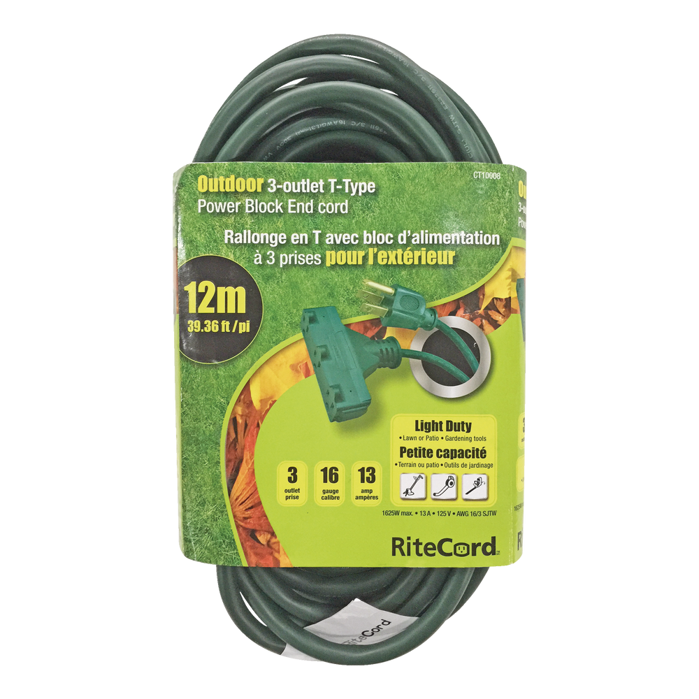 Ritecord 39ft 16/3 Outdoor Extension Cord with 3 Grounded Outlets, Green Canadian Tire