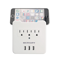 Merkury 3-Outlet and 3 USB Wall Adaptor with Surge Protector, 300 Joules, Phone Holder, White Front_Flat
