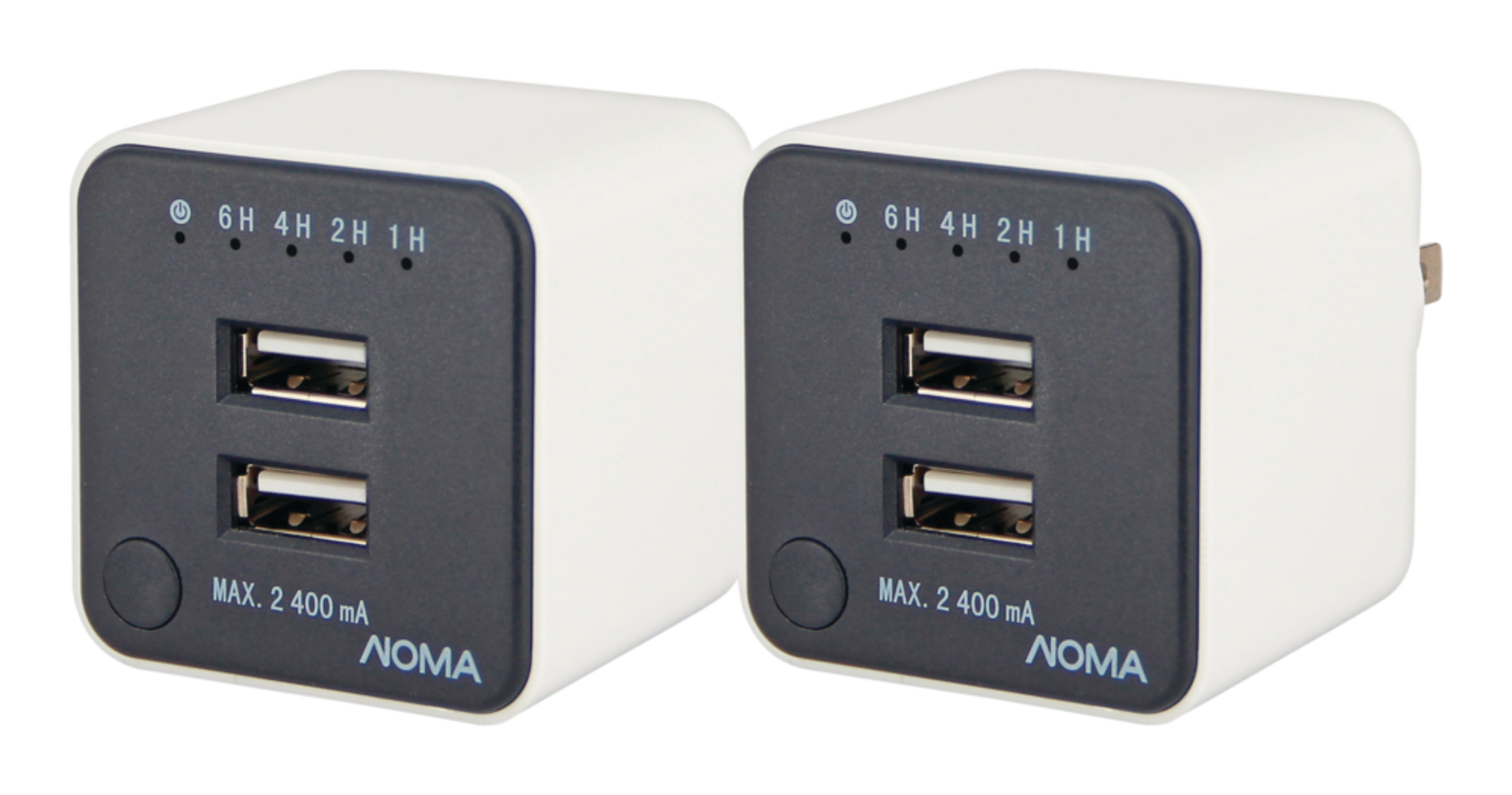 NOMA Wall Charger, 2-pk Dual Port USB Cube Power Adaptor Plug, with Timer, White Front_Angled_Left