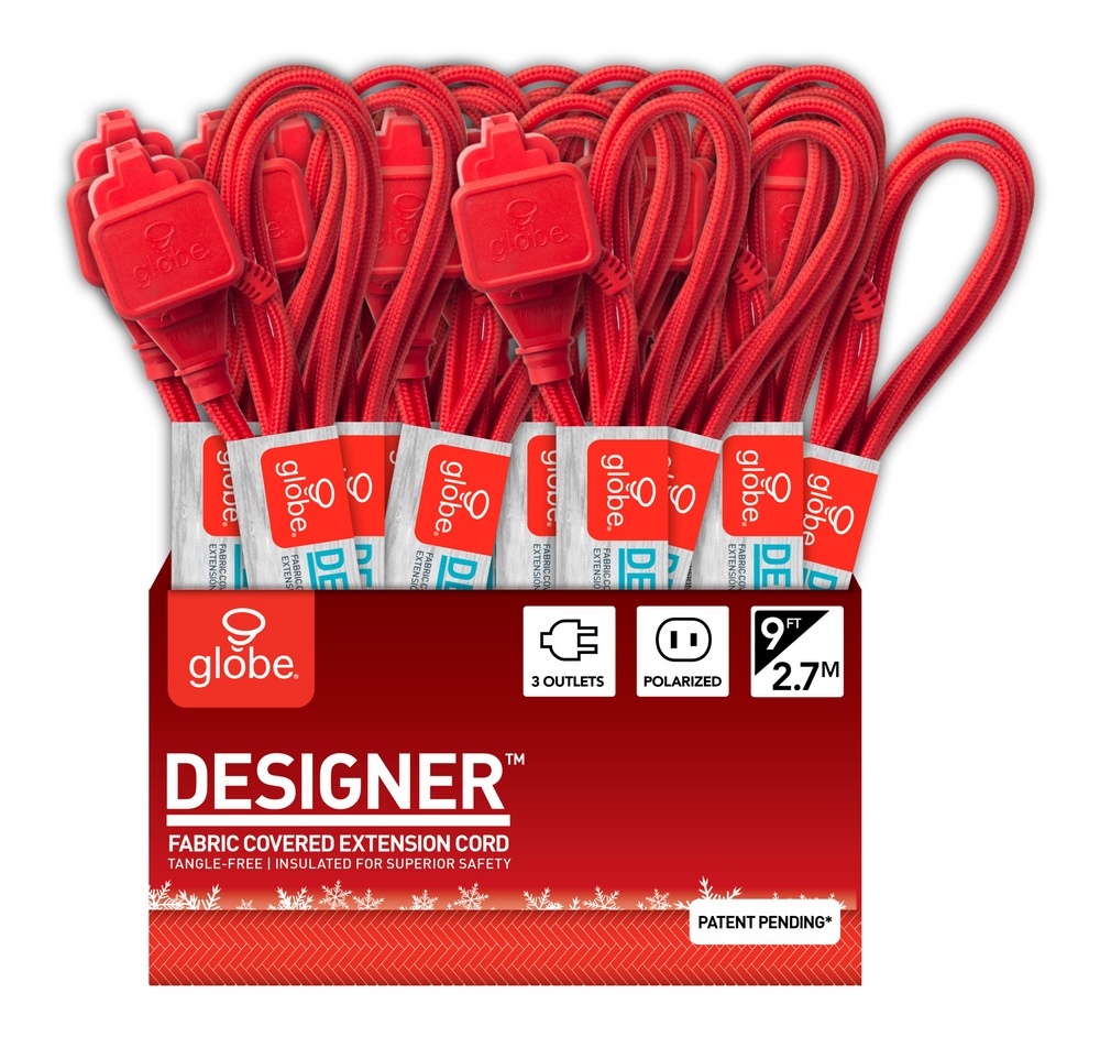 Globe 9ft 16/2 Fabric Extension Cord, Right Angle Plug, 3 Outlets, Red