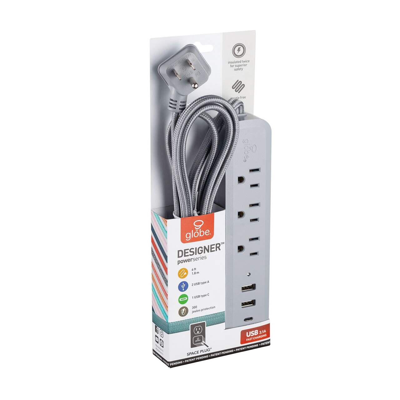 Globe Designer 3-Outlet Surge Protector Power Bar with 3 USB Outlets, 6-ft