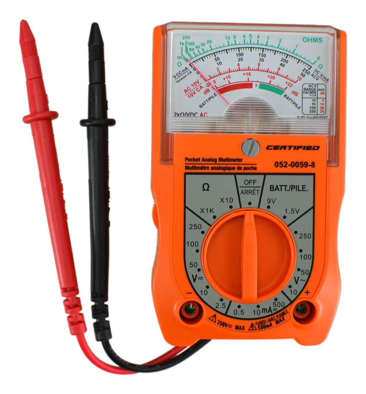 Multimètre analogique Certified avec 6 fonctions et 16 calibres, orange