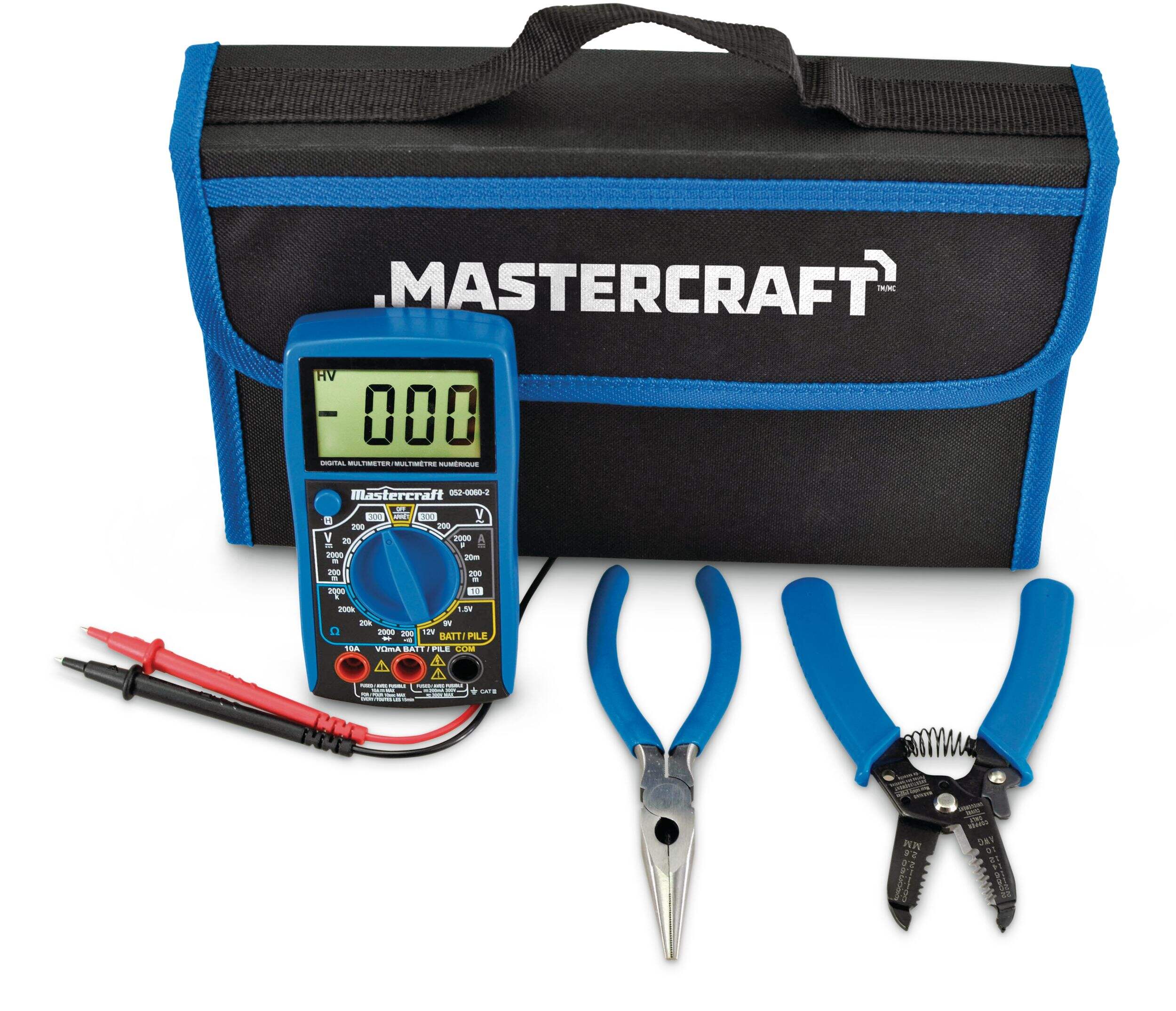 Mastercraft 5-Function 9-Range Digital Multimeter Kit with Carrying Case, Wire Strippers & Needlenose Pliers Front_Elevated