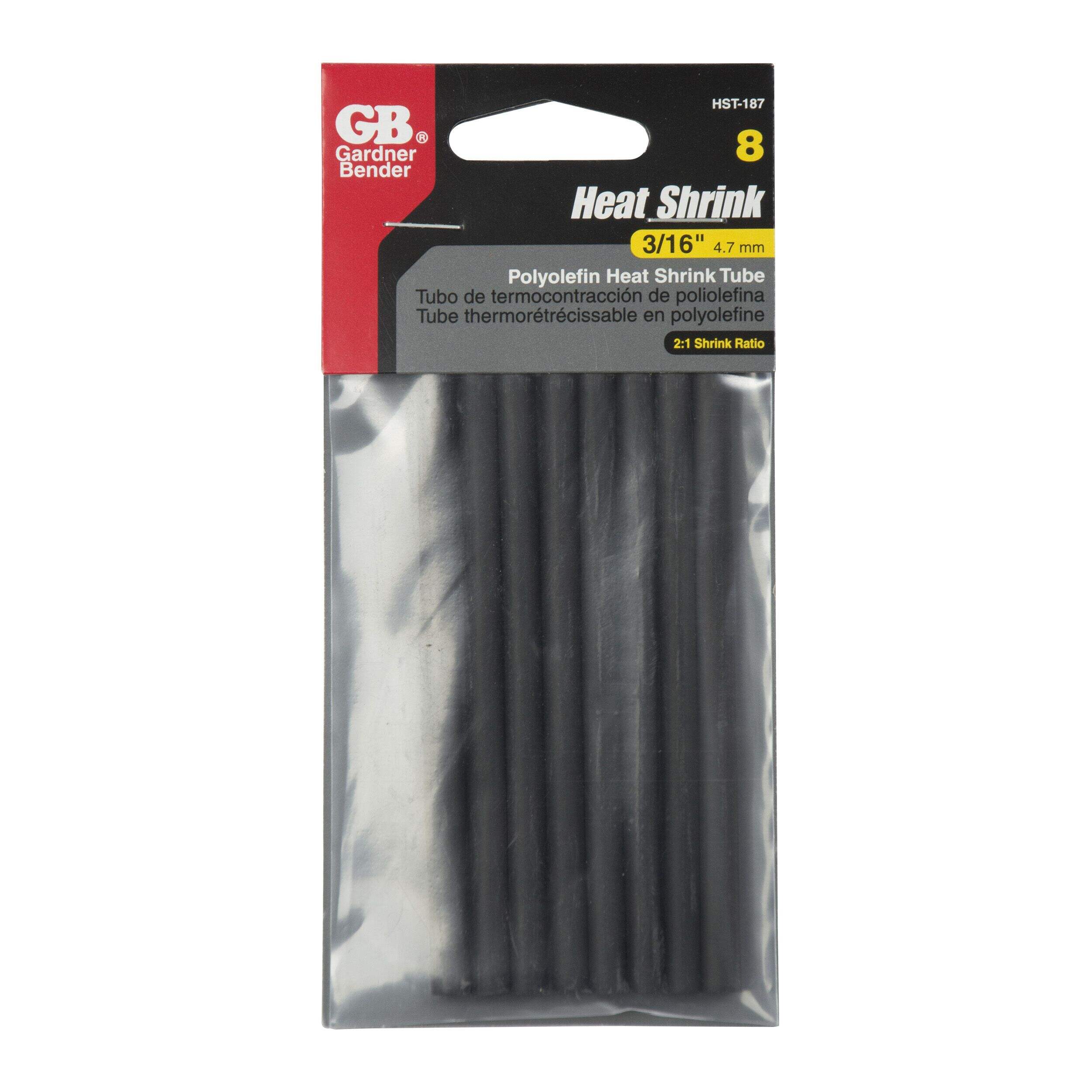 GARDNER BENDER HST-187B Black 4-in Polyolefin Heat Shrink Tubing, 2:1 Shrink Ratio, 3/16-in to 3/32-in, 8-pk Front_Flat