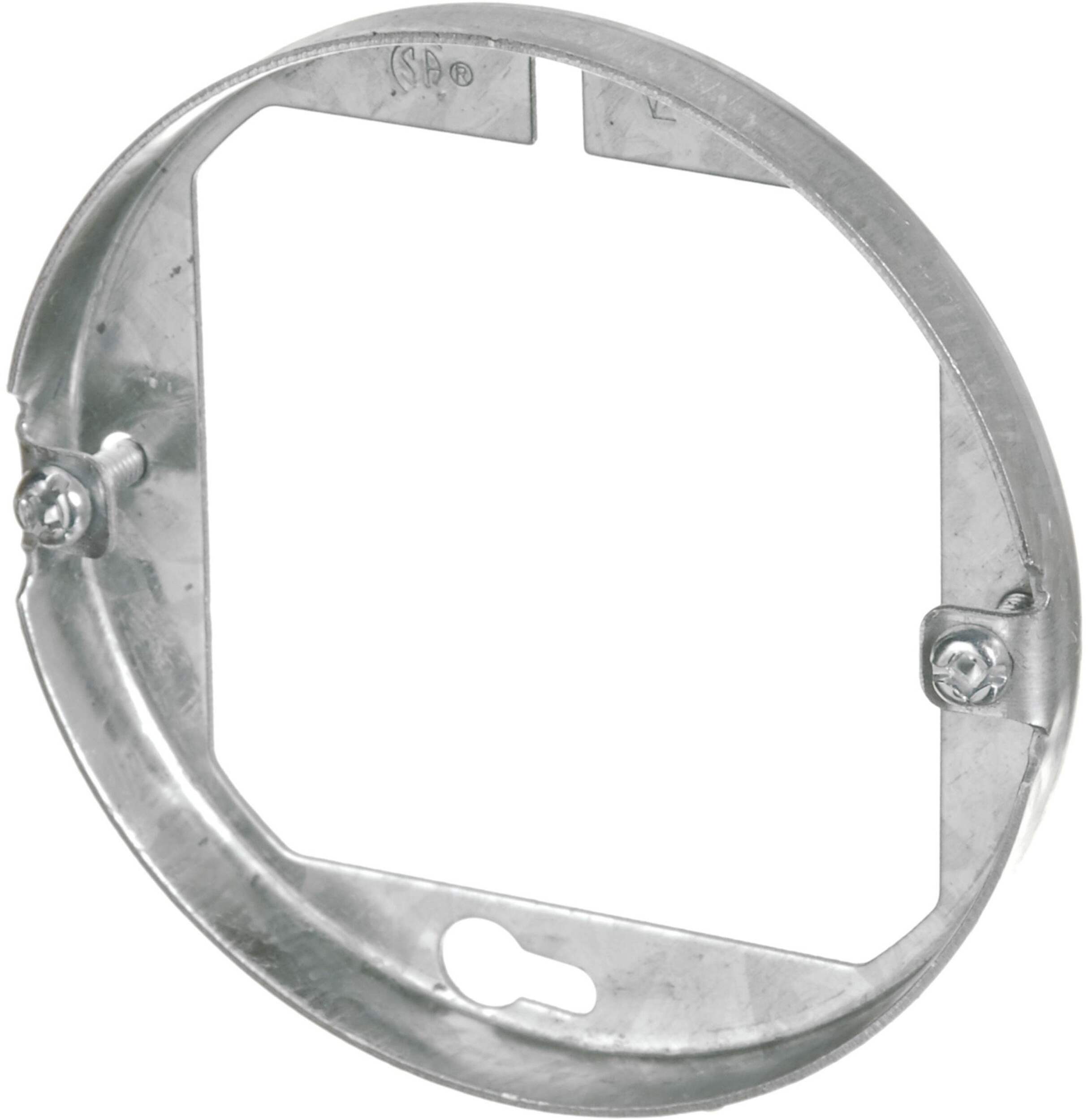 Anneau de prolongement rond Hubbell OBEXBAR avec support à anneau externe pour boîte octogonale de 4 po, 4 po, 5 po3 Front_Angled_Left