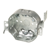 Hubbell 54151LDBAR Octagon Steel Box with Swing Arm Rework Bracket, Flush Ears, 4-in, 15 Cubic Inches Front_Angled_Left