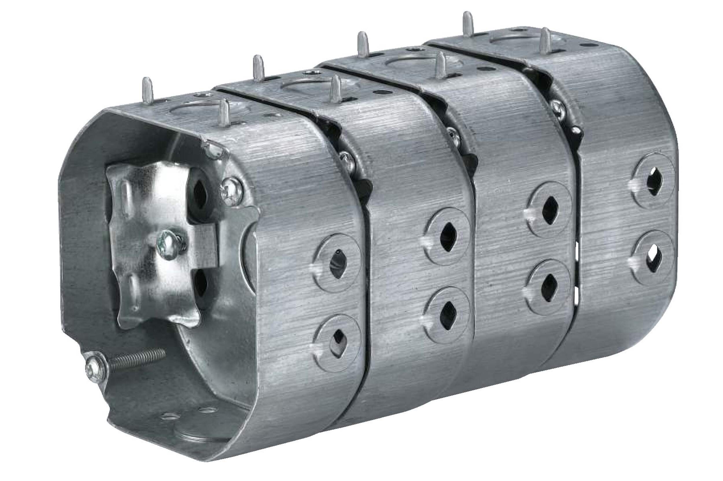 Boîte octogonale Hubbell 54151LVP4 avec support latéral, vis de surélevage, extrémités de câblage, 4 po, 15 pi3, paq. 4 Front_Angled_Left