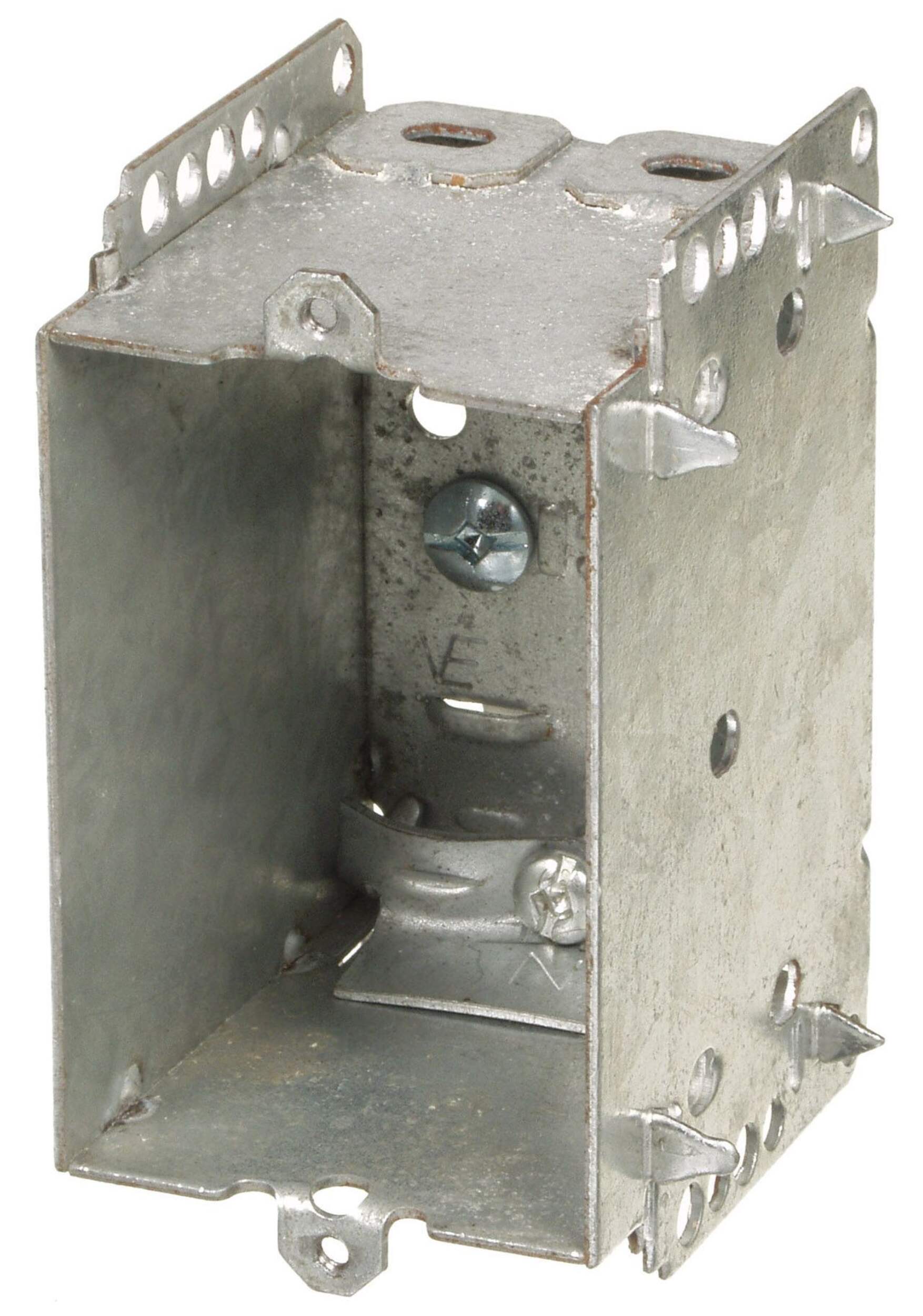 1 Gang Device Box with Cable Pryouts Ends, Raised Ground Screw, 12.5 Cubic Inches Front_Angled_Left
