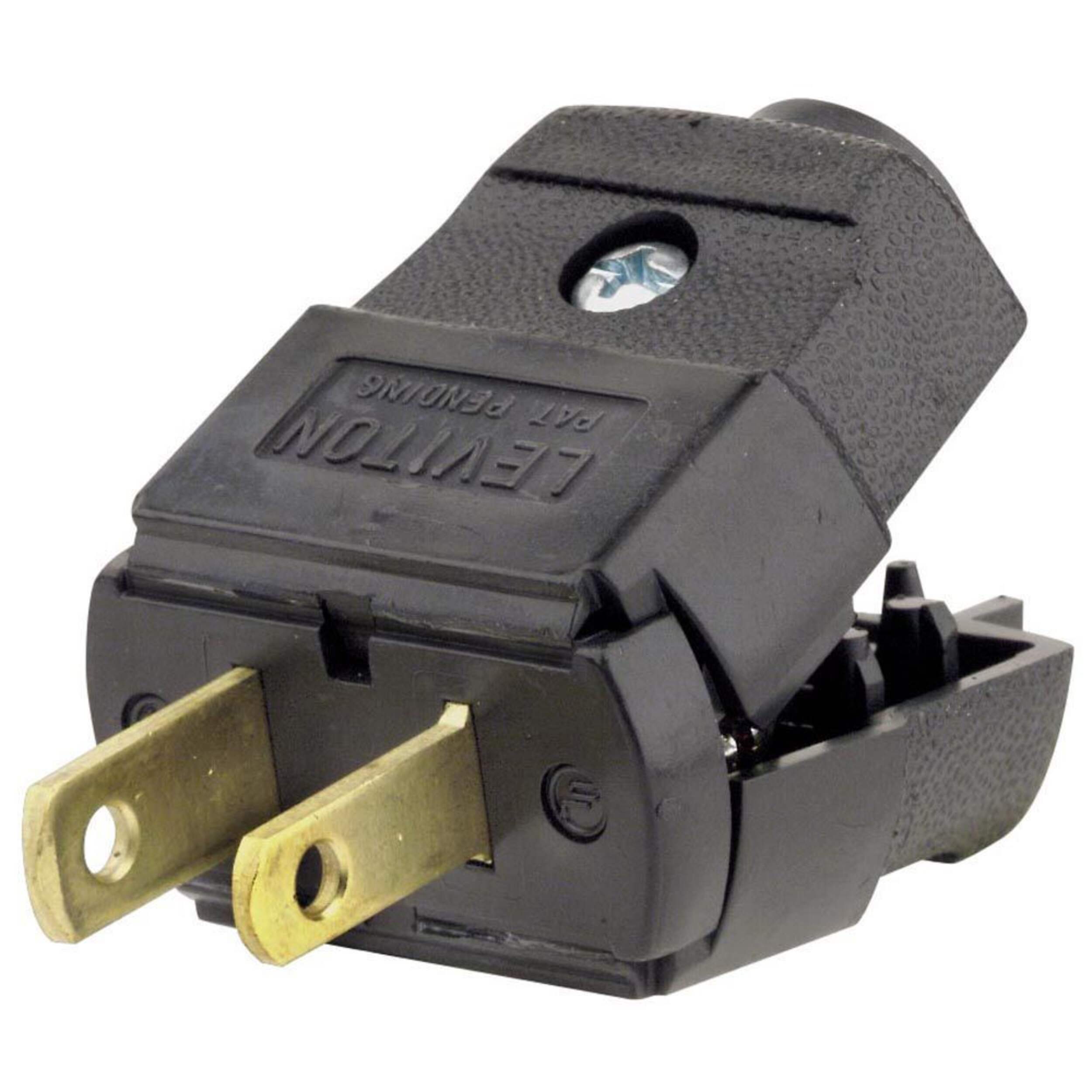 Leviton 00101-719 Polarized Light Duty 15 Amp 125 Volt Plug, Non Grounding, 2 Pole, 2 Wire, Black Front_Angled_Left
