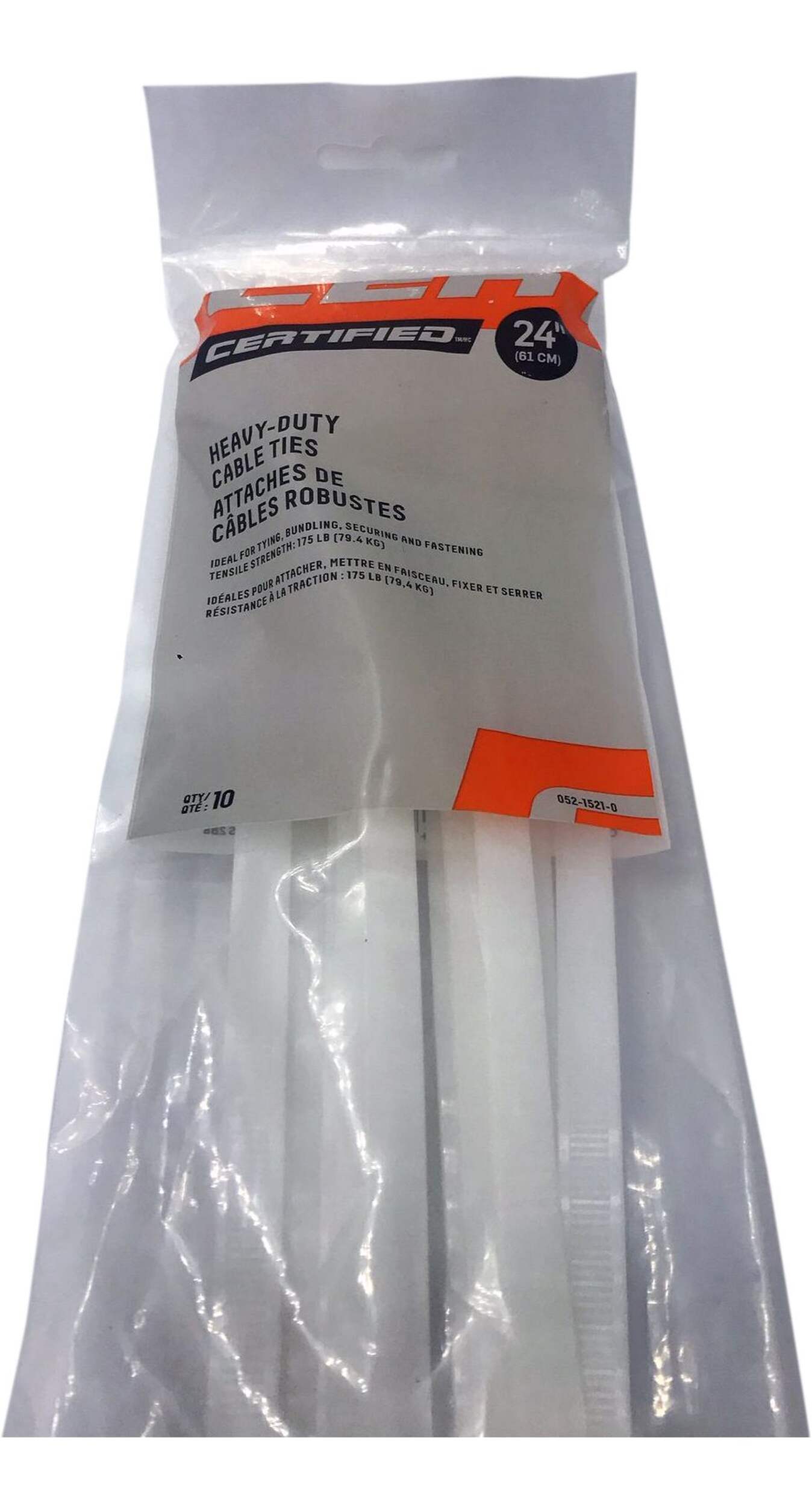 Attaches pour câbles certifiées pour usage modérément intensif avec résistance à la rupture de 175 lb, homologuées UL, blanc, 24 po, paq. 10 Front_Flat