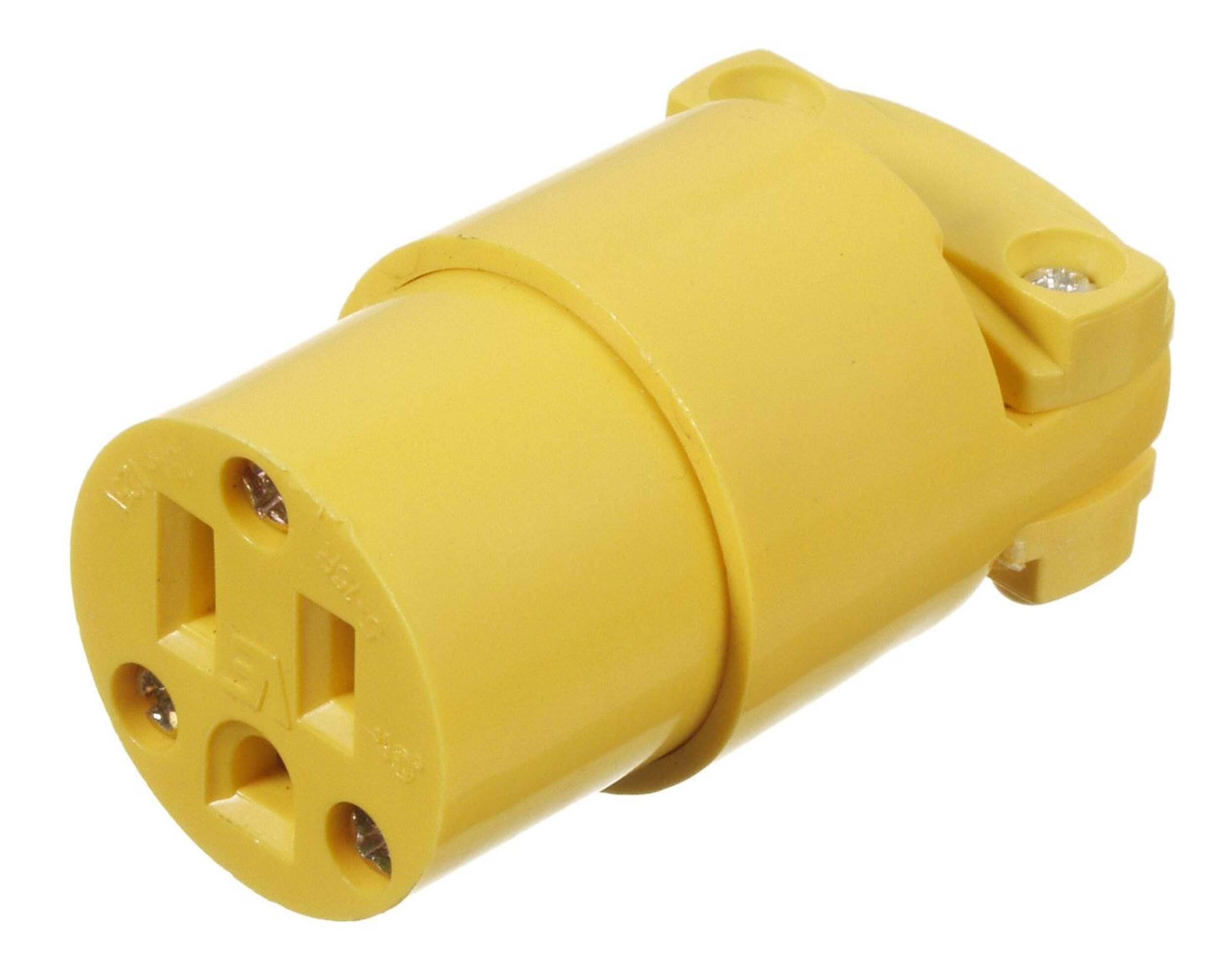PVC Connector, 15 Amp, 125 Volt, 2 Pole, 3 Wire, Residential Grade, Yellow Front_Angled_Left
