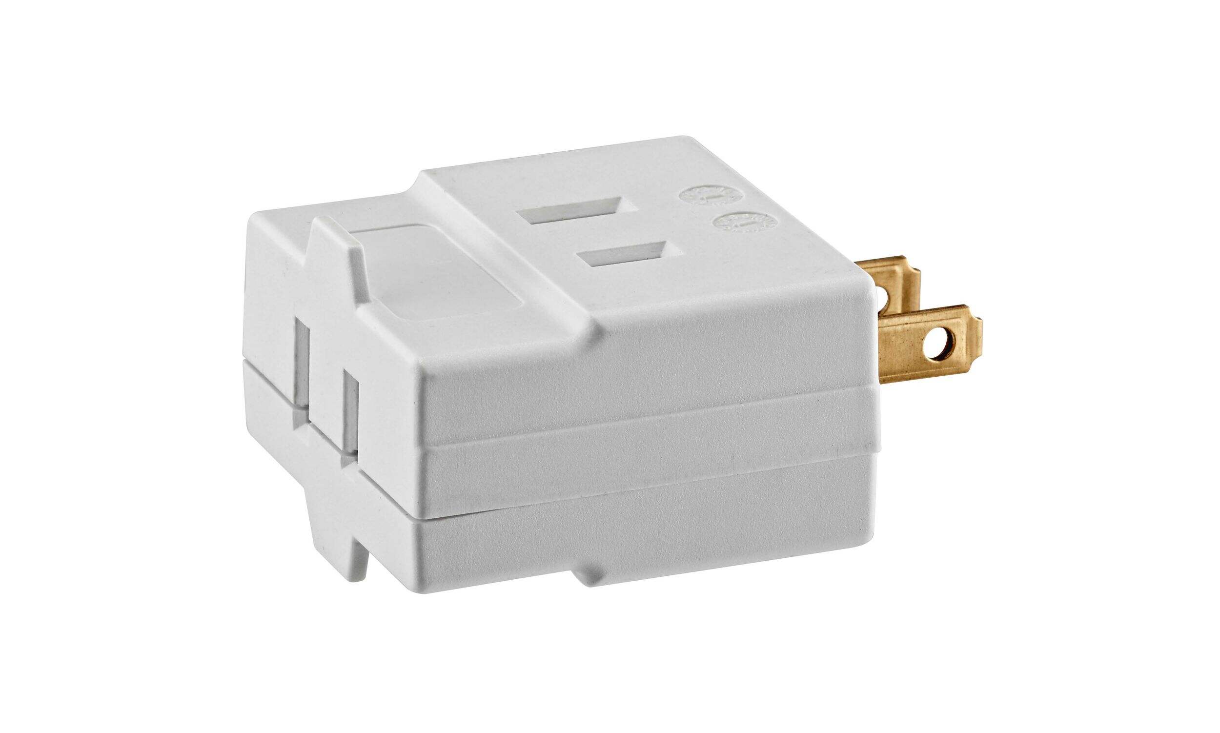 Leviton 00531-740 2-Prong Cube Tap, 15 Amp, 125 Volt, Non Grounding, Residential Grade, White Front_Angled_Left