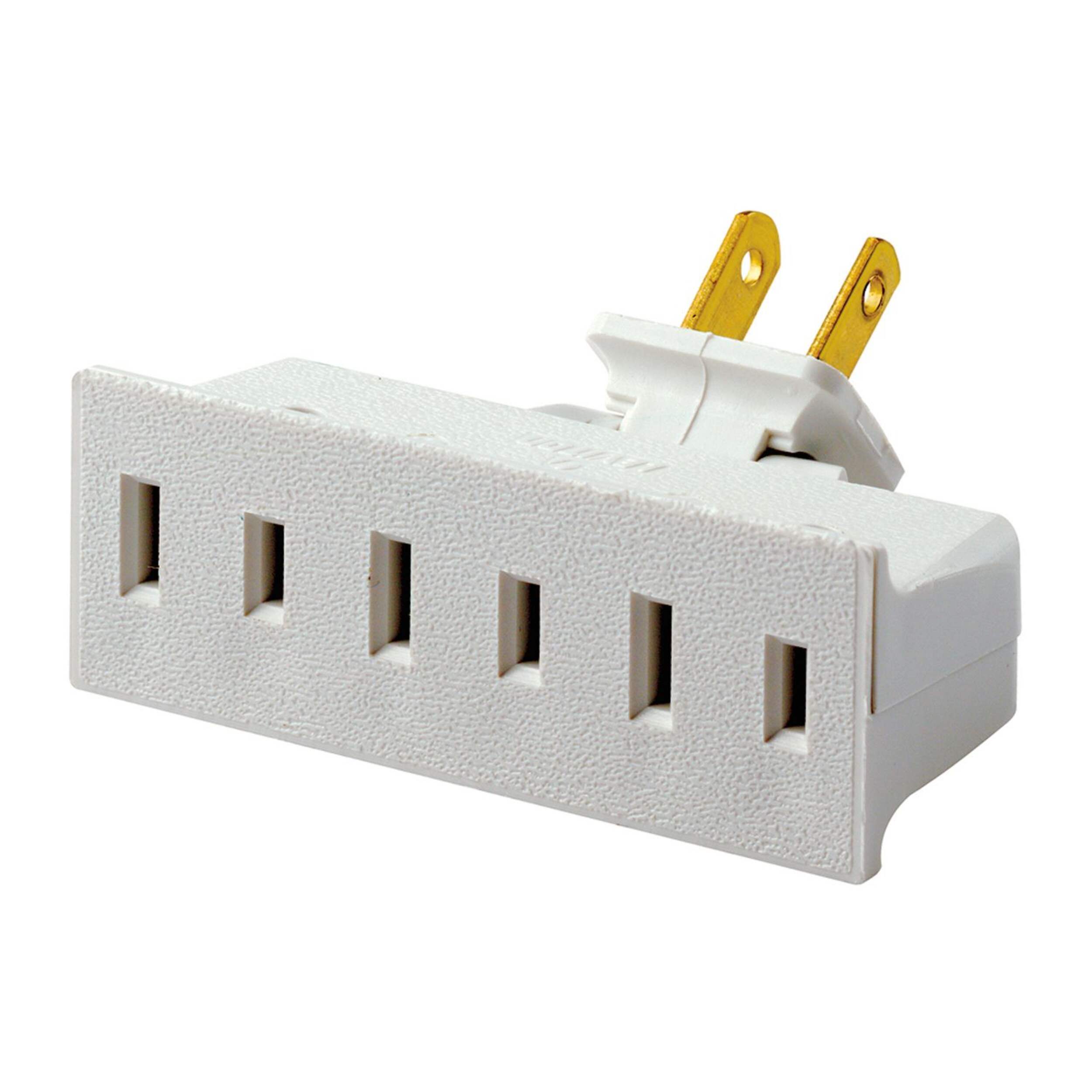 Fiche d'adaptation pivotante simple à triple Leviton 00069-730, 15 A, 125 V, aucune mise à la terre, usage résidentiel, blanc Front_Angled_Left