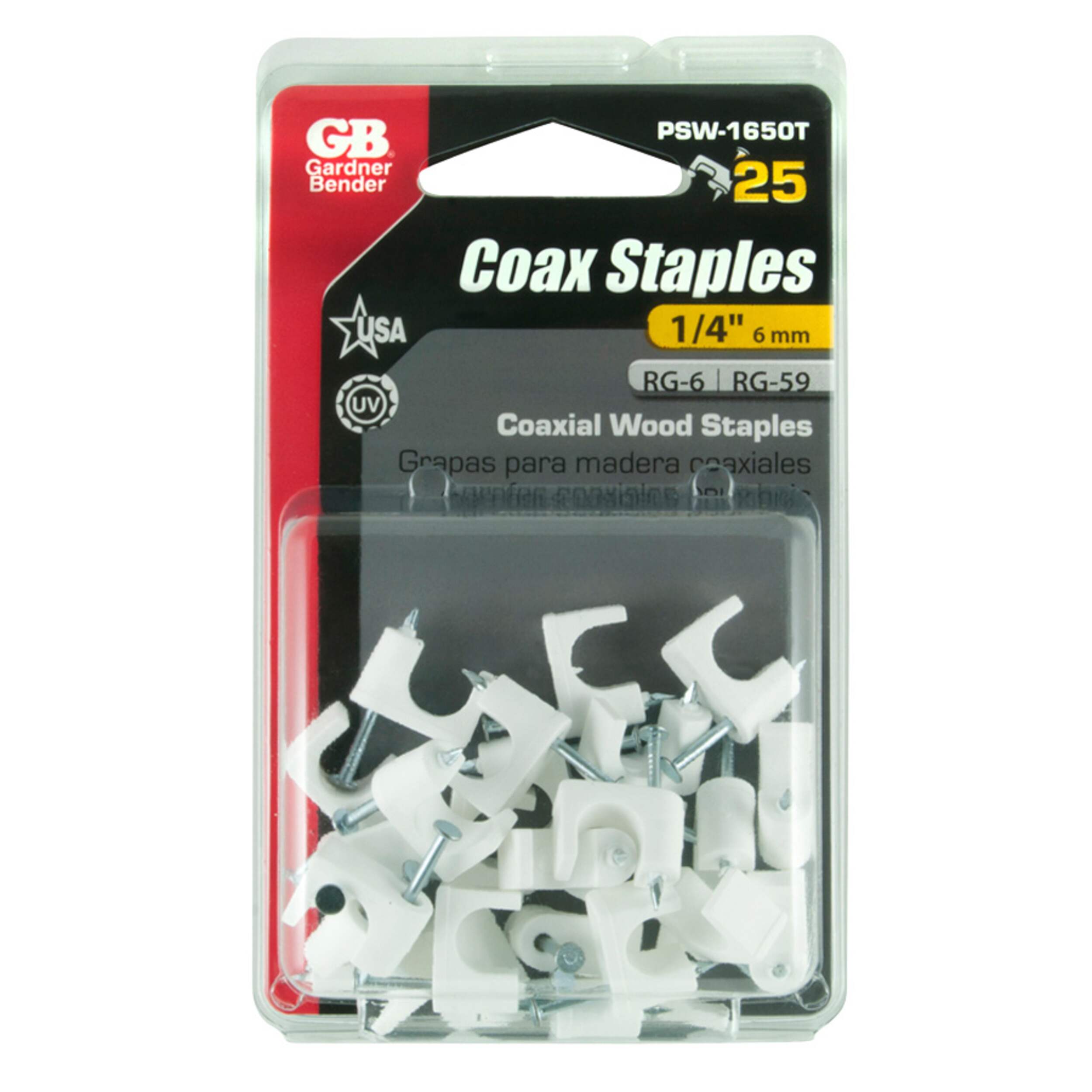GARDNER BENDER PSW-1650T Polyethylene Coaxial Staples, White, 1/4-in, 25-pk Front_Flat