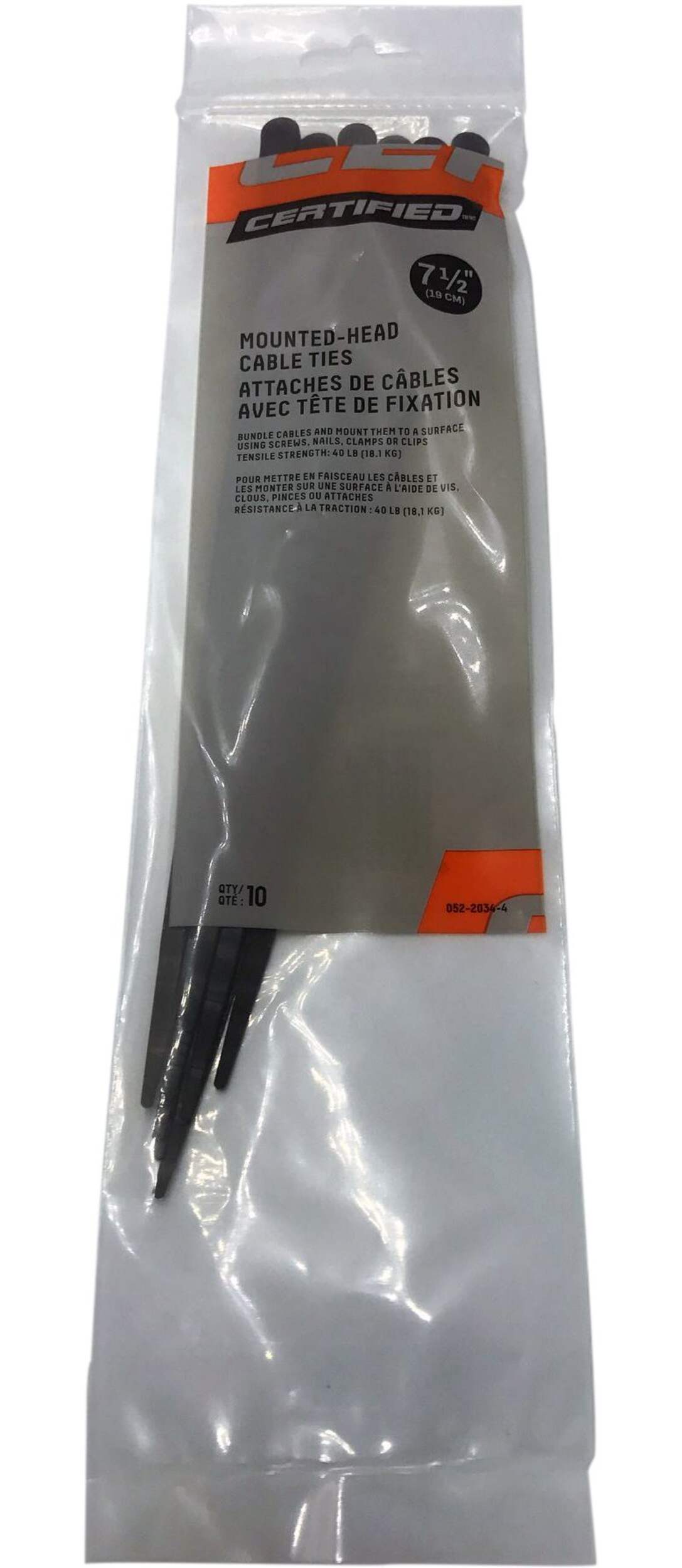 Attaches pour câbles avec tête de montage certifié, service moyen, résistance aux rayons UV et à la rupture de 40 lb, homologuées UL, noir, 7,5 po, paq. 10 Overhead_Flat