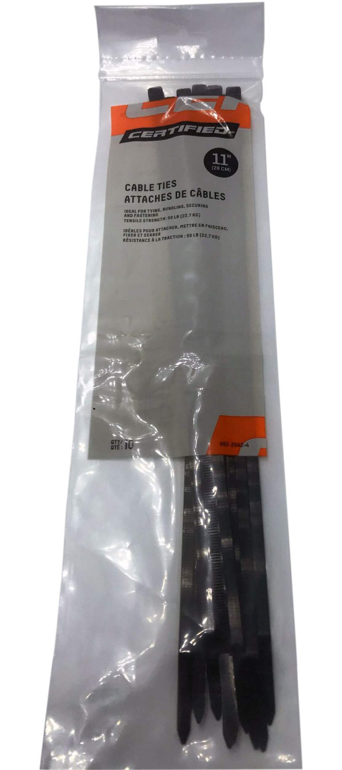 Certified Medium Duty Cable Ties, Black, 11-in, 10-pk Overhead_Flat