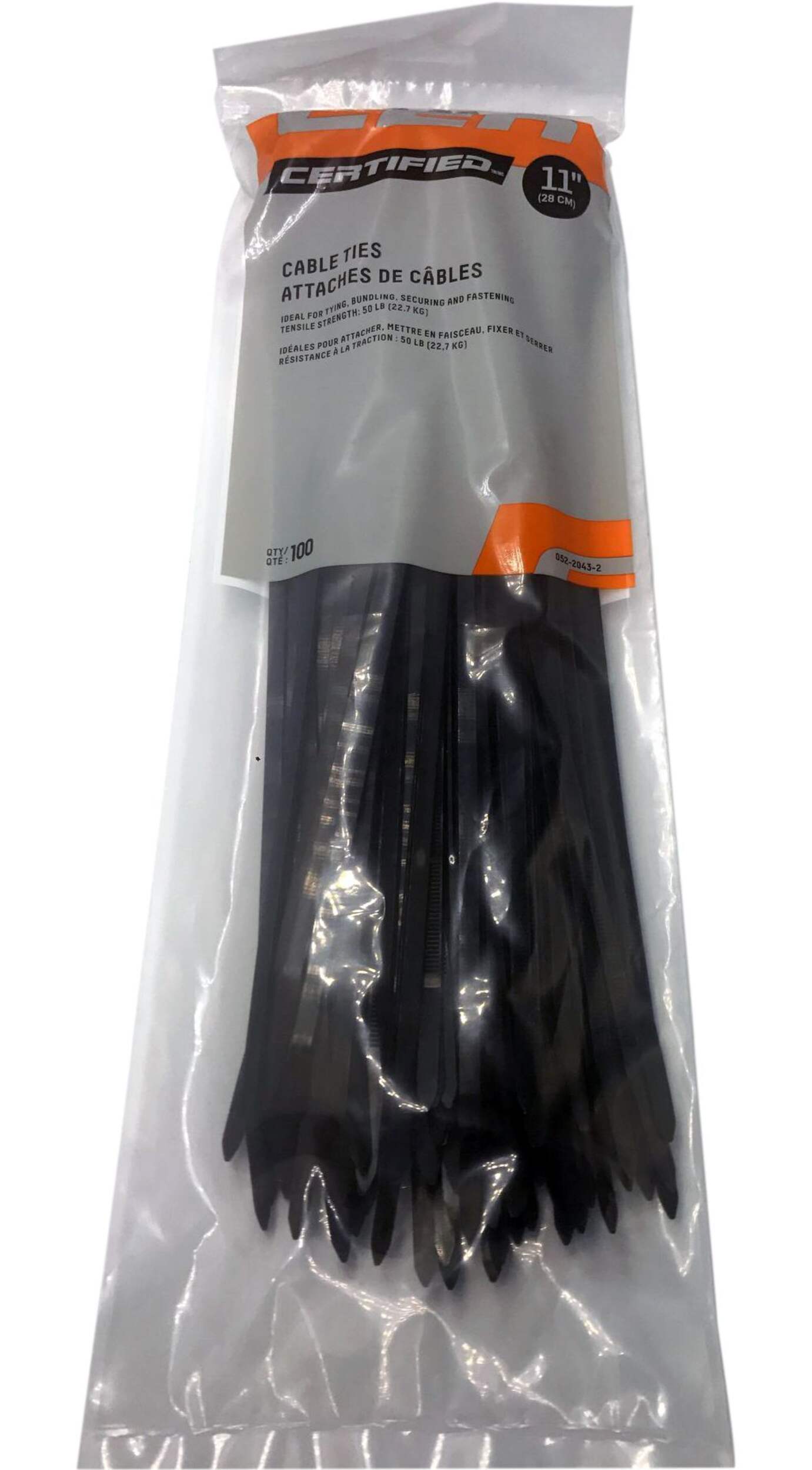 Certified Medium Duty Cable Ties, White, 11-in, 100-pk Front_Flat
