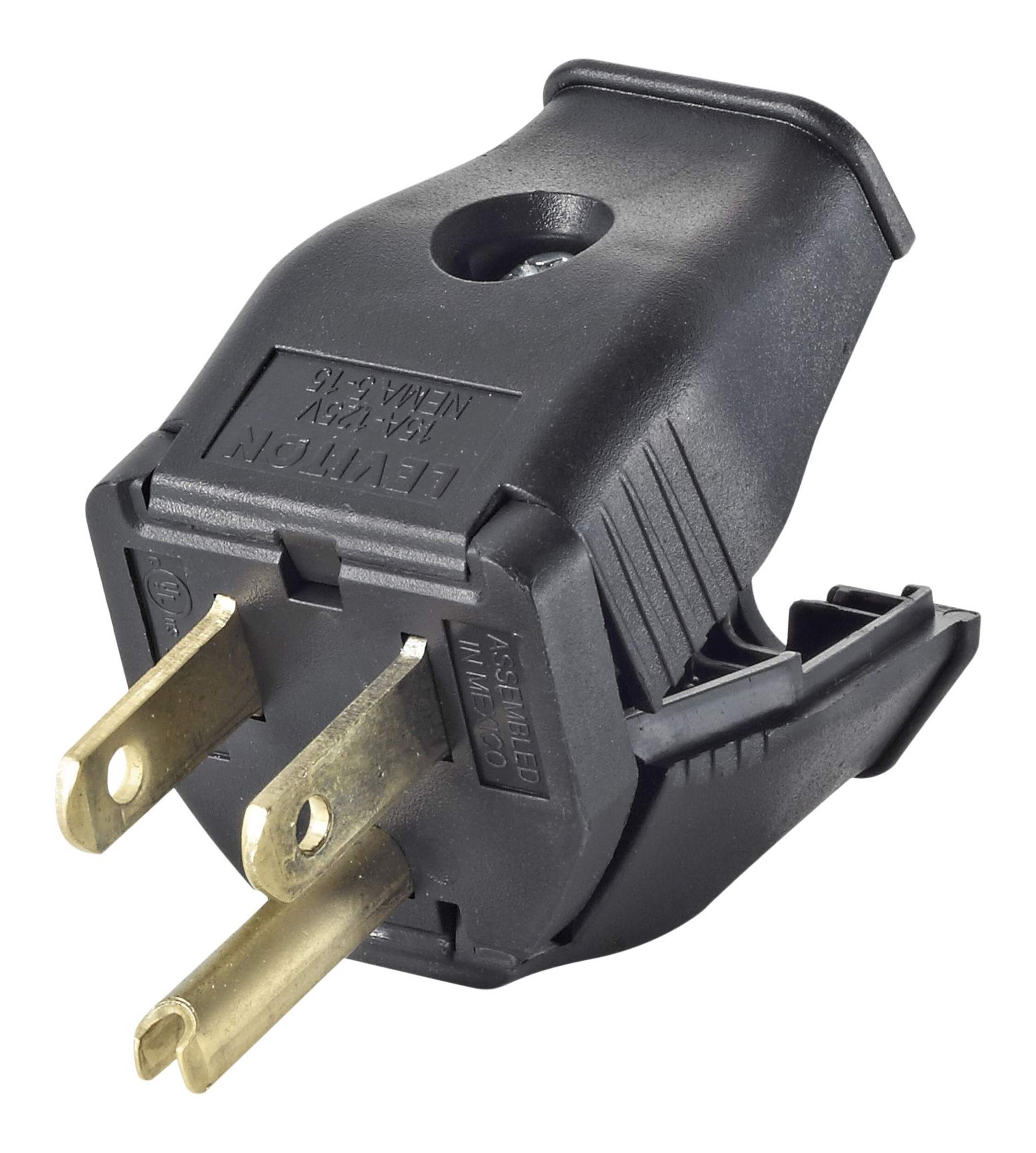 Leviton 3W101-749 End Plug, 15 Amp, 125 Volt, 2 Pole, 3 Wire, Grounding, Residential Grade, Black Front_Angled_Left